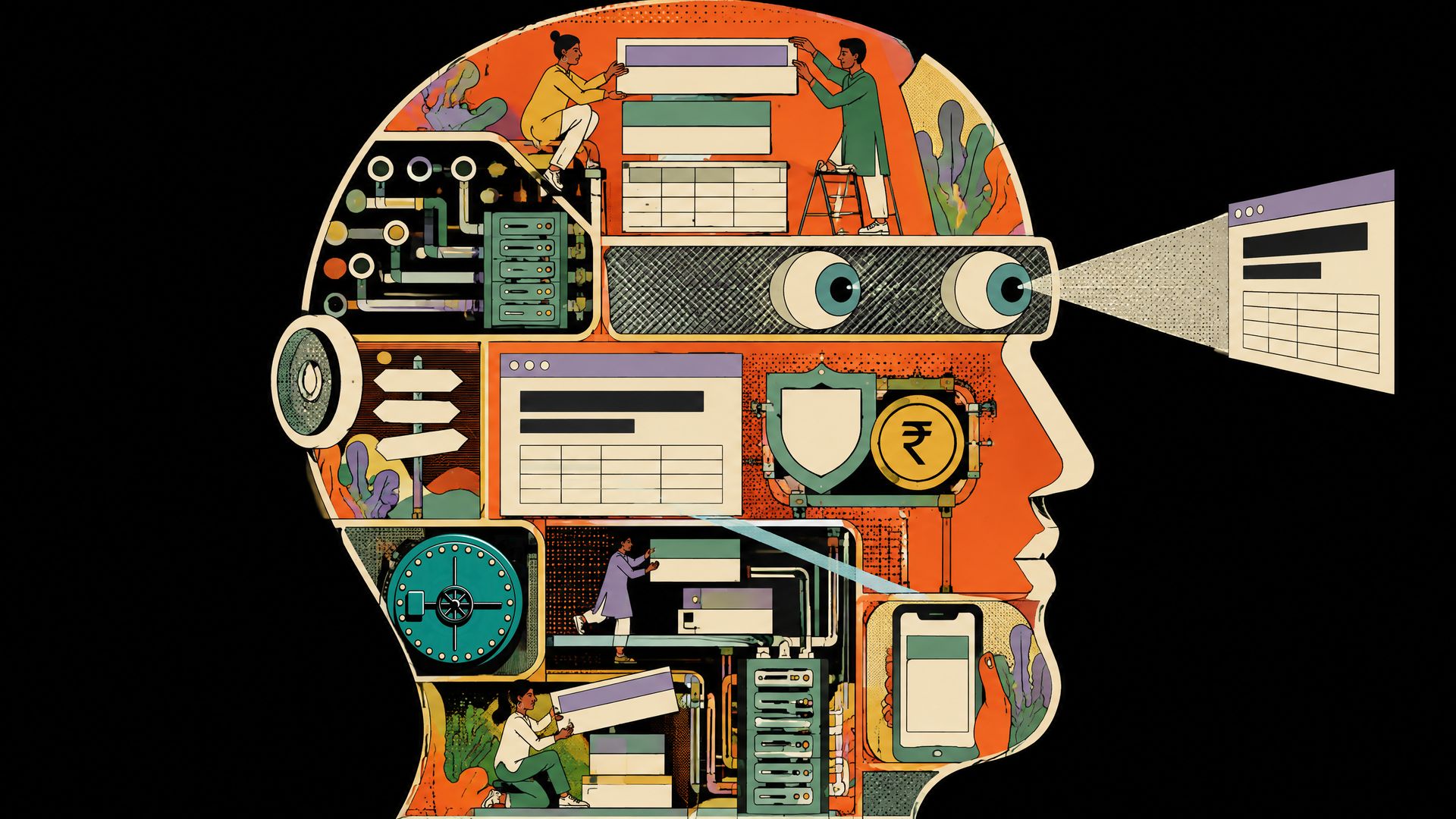 A retro-futurist robot head cut away to show tiny scenes of an AI agent reading a bank web page: blocks, a schema tree, a signpost and a rate coin beside a disclosure shield.