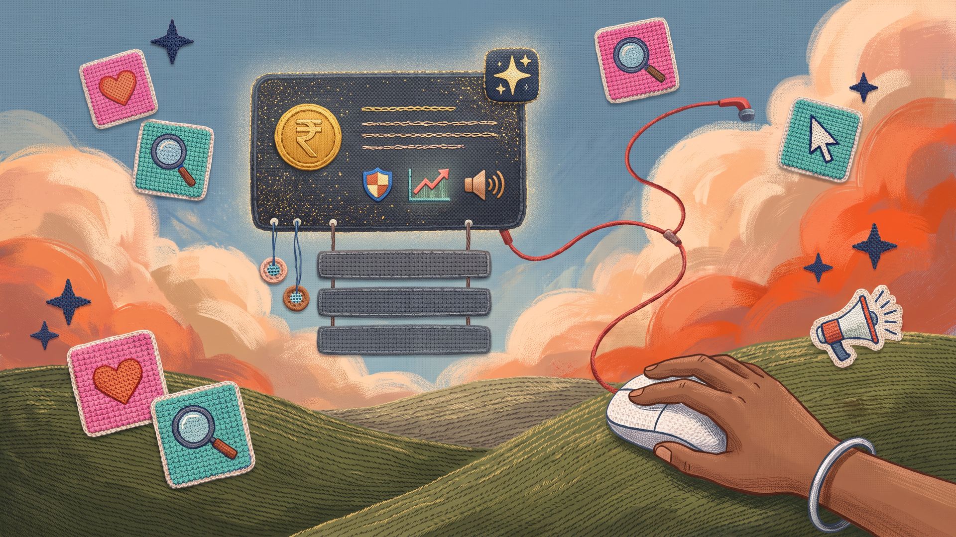 Embroidered collage of a sunset sky where a glowing AI summary panel with a rupee coin floats above plain search results as a hand guides a mouse.