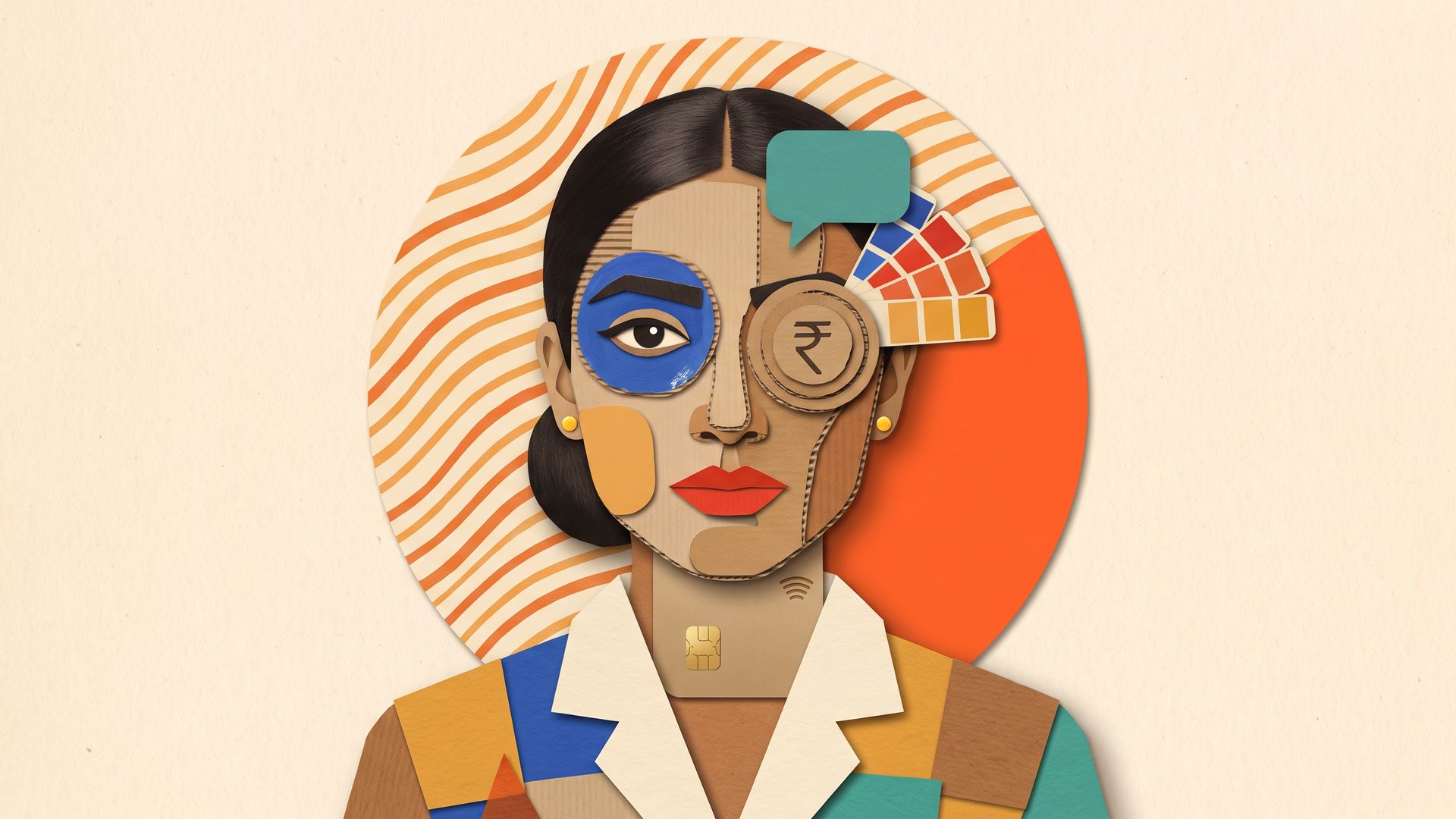 Paper collage portrait of an Indian woman banker whose face is rebuilt from cardboard swatches, an app tile, a chip card and a rupee coin, before an orange striped disc.