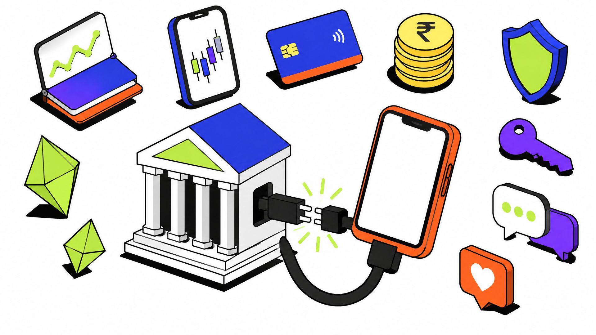 Isometric illustration of a small bank building plugging into a smartphone, with floating cards, rupee coins, a shield, a chart and chat bubbles around them.