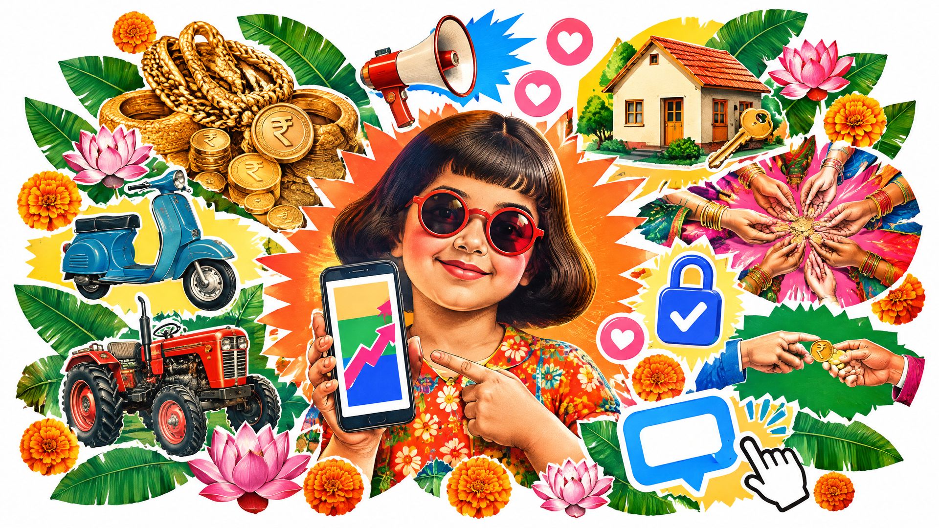 Retro Indian paper collage of a smiling child holding a phone, surrounded by gold chains, a scooter, a tractor, a small house, coins, megaphones and heart bubbles.