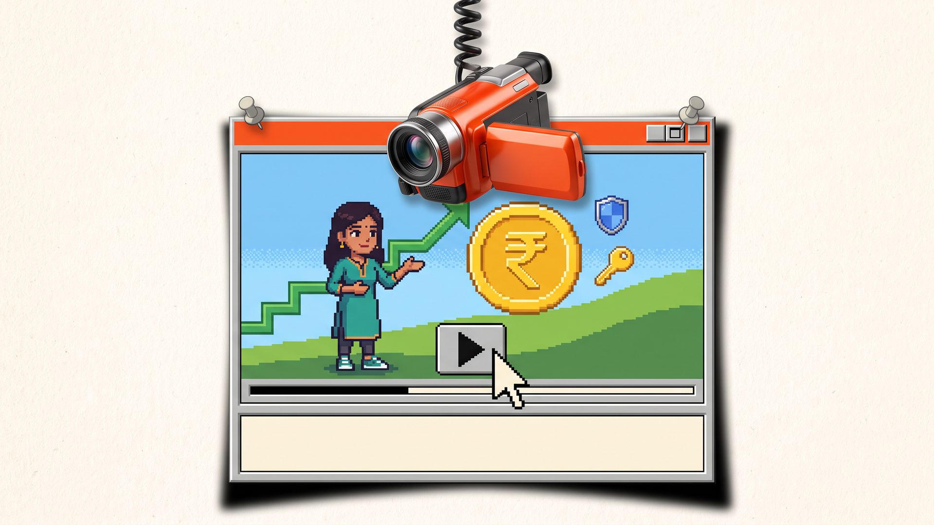 A glossy orange camcorder hangs into a retro computer window where a pixel-art presenter explains a gold rupee coin and a rising graph.
