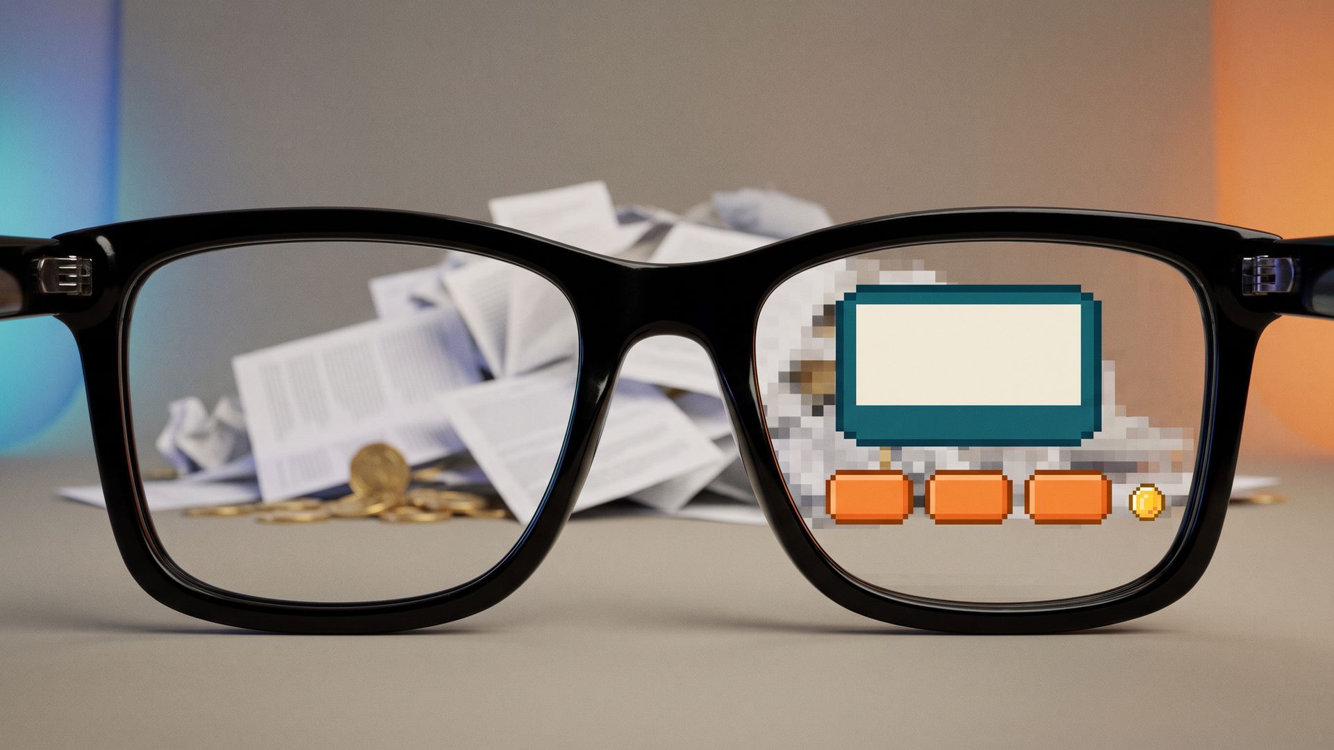 Black glasses in front of a blurred pile of search pages and coins; through one lens the pile becomes a single pixel answer card with three source chips.