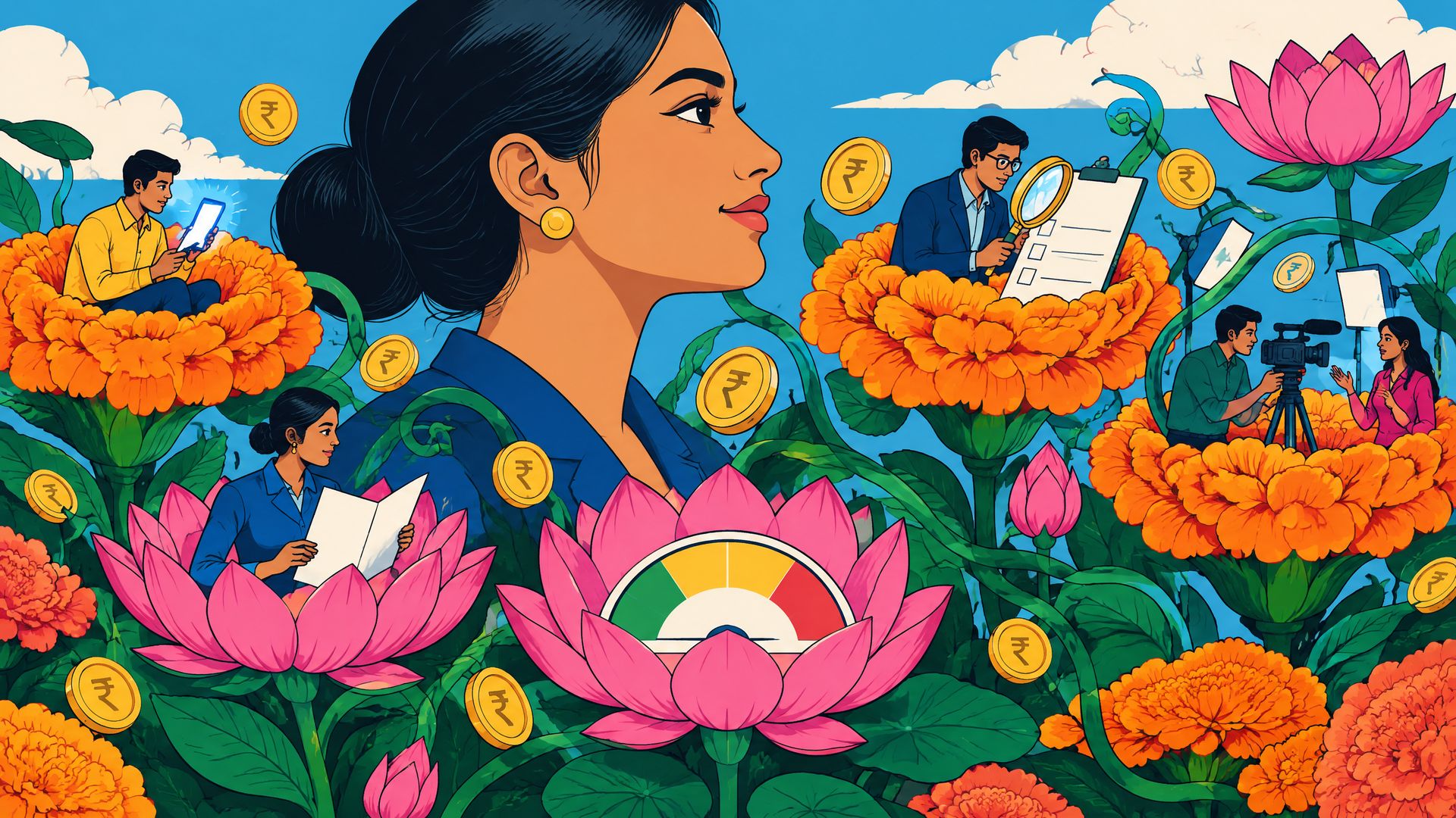 Illustration of a giant young Indian woman's profile rising from marigolds and lotuses, with tiny investors, a distributor and a compliance reviewer inside the flowers.