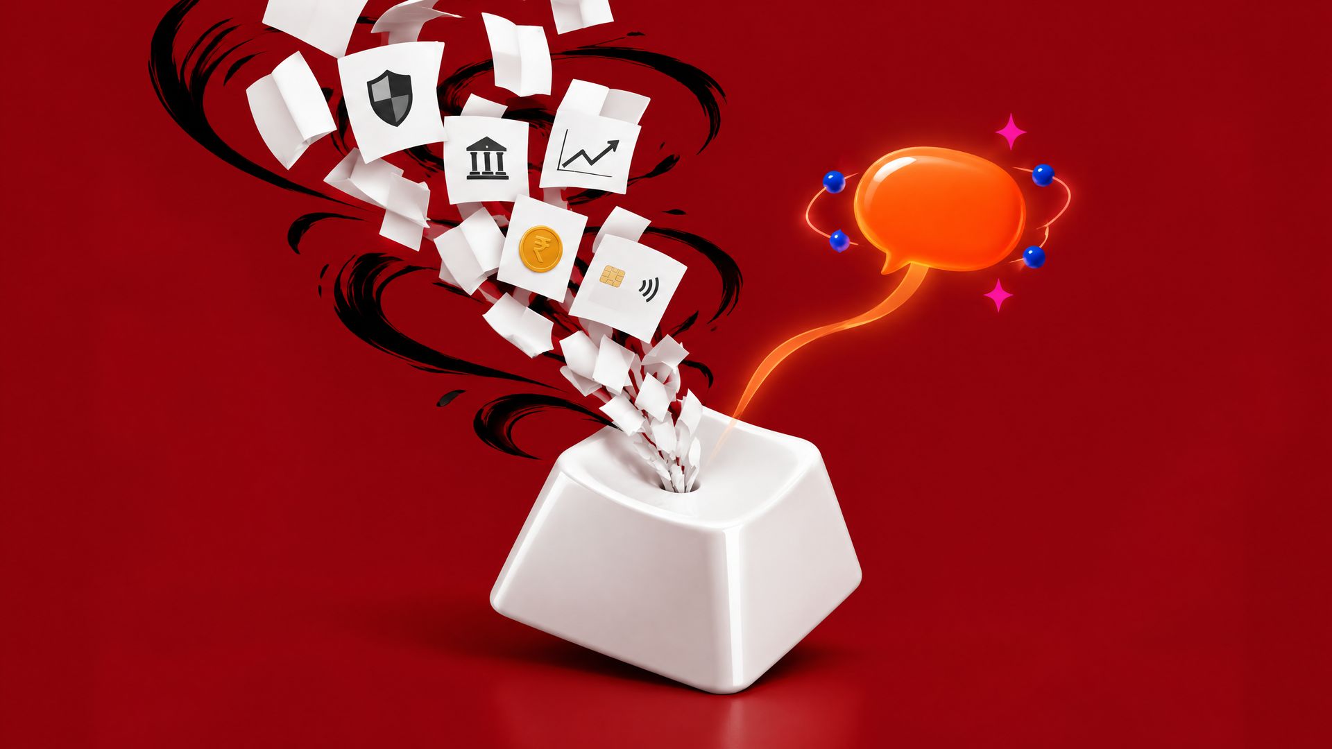 A whirlwind of bank, insurance and fund leaflets spirals down into one glossy white keyboard key, and a single glowing orange answer bubble rises out of it on deep red.