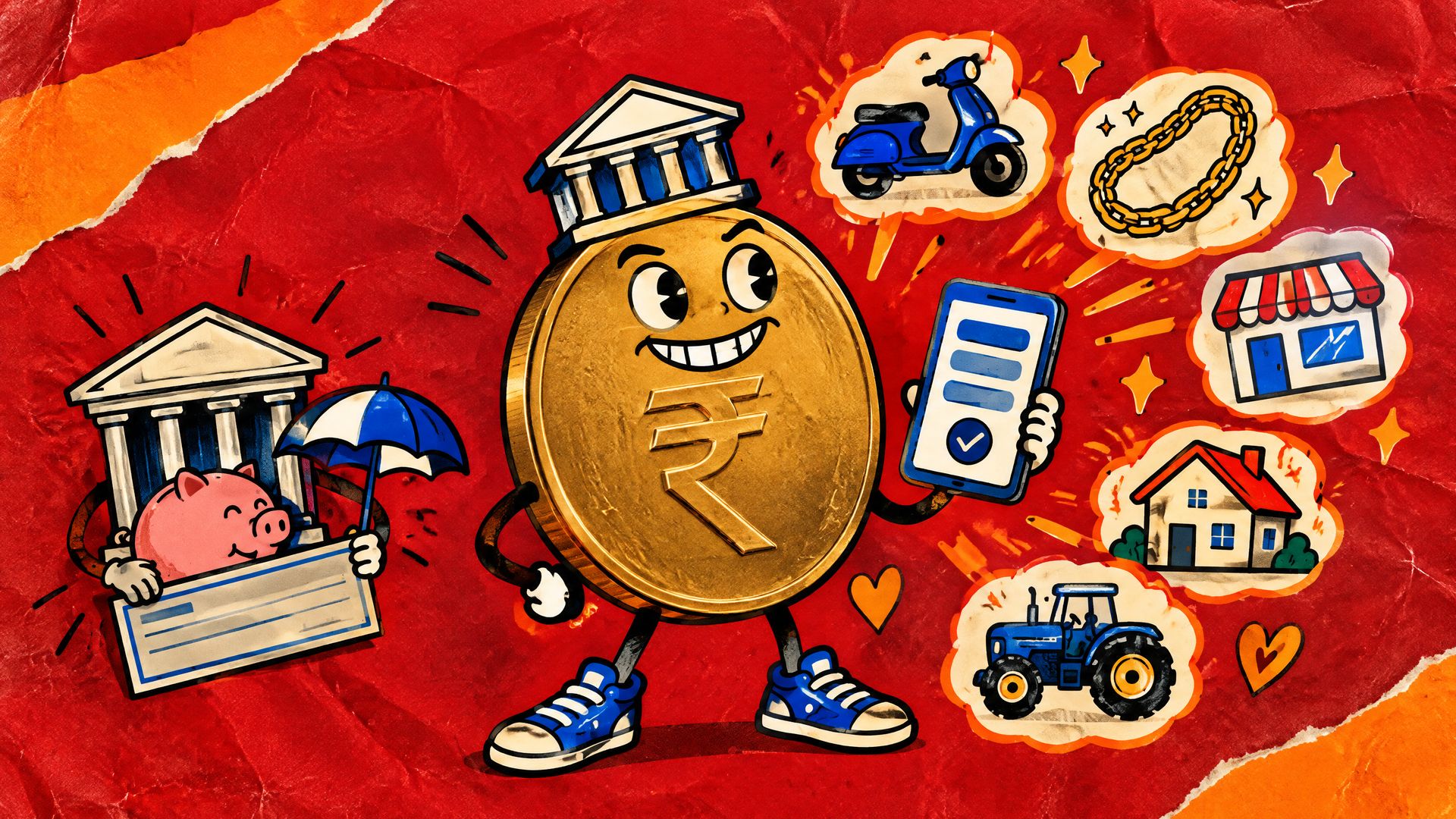 A grinning rupee coin on crumpled red paper holds a loan offer phone amid doodled scooter, gold chain, shop and house loans, beside a bank hugging a piggy bank.