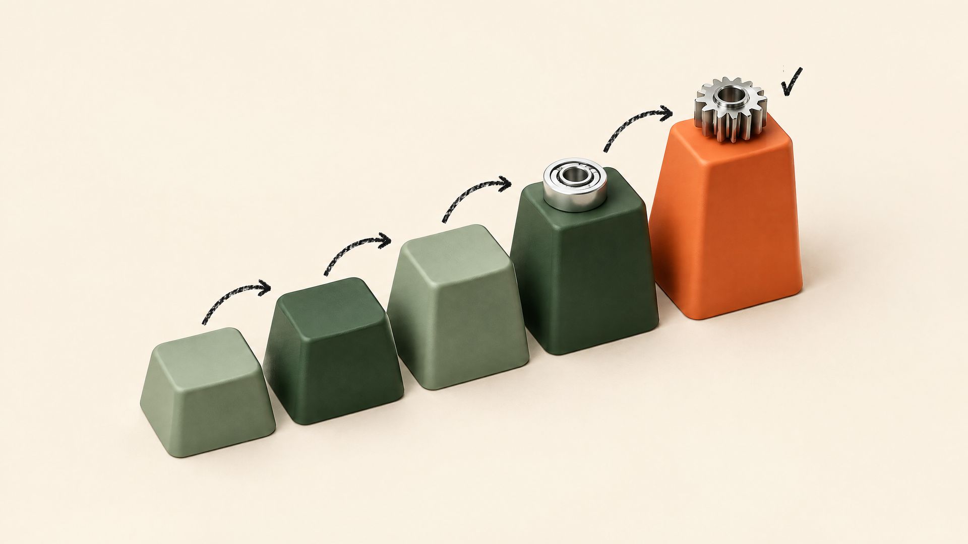 Five chunky blank keycaps rise like steps on cream paper, green to orange, with a machined steel gear on the top step and crayon arrows linking each step.
