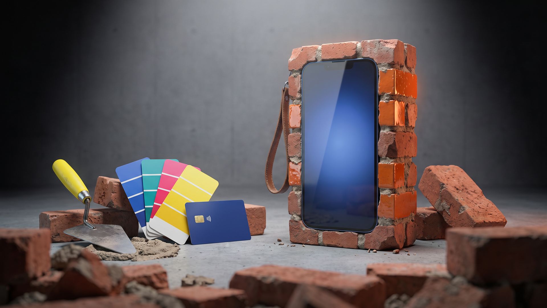 A smartphone built from mortared red and orange-glazed bricks stands on grey concrete beside a trowel, loose bricks and blank colour swatches.