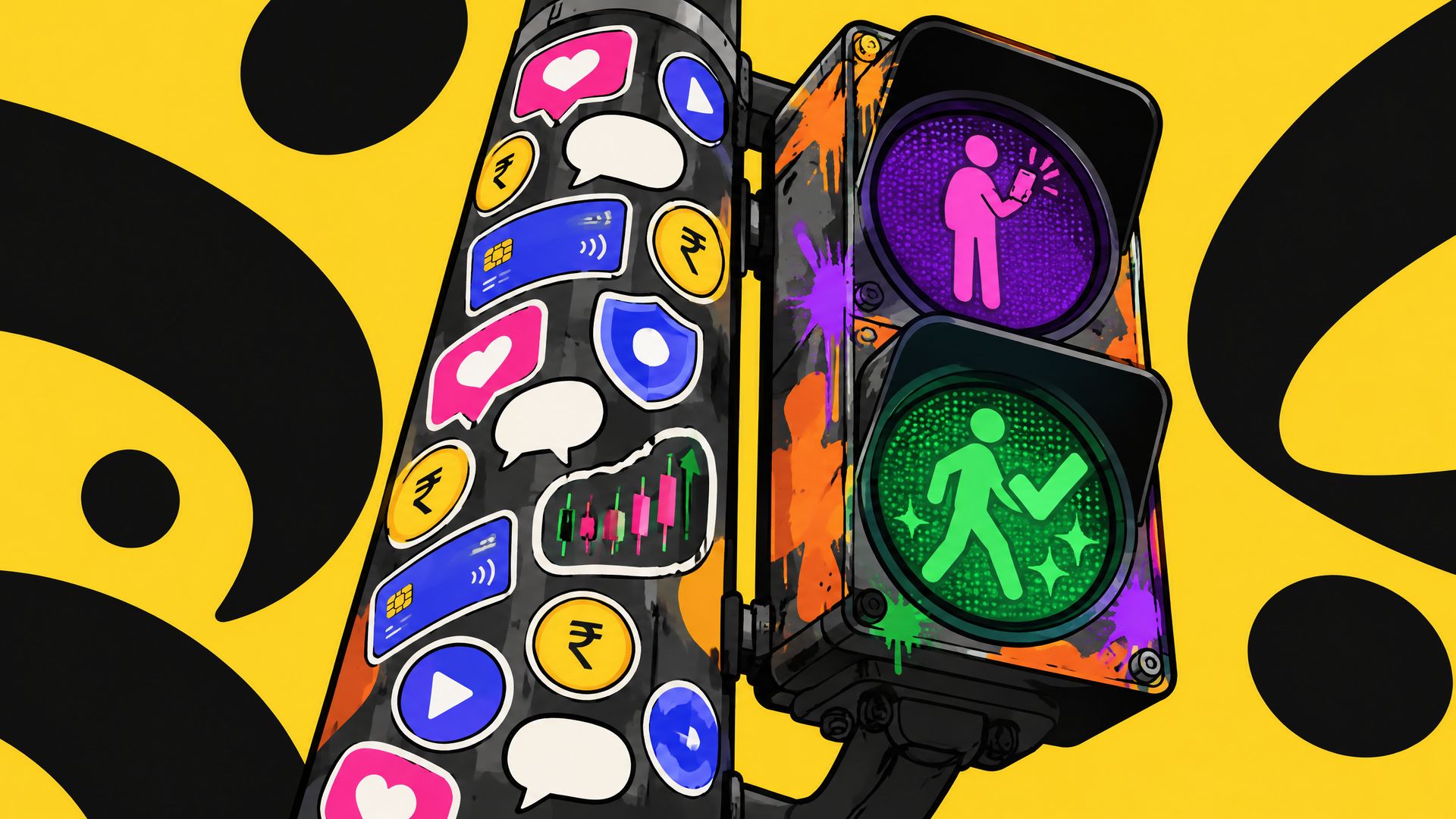 Pop-comic street pole covered in like-heart, comment, rupee coin and bank card stickers, with a graffiti traffic light showing a post paused, then approved.