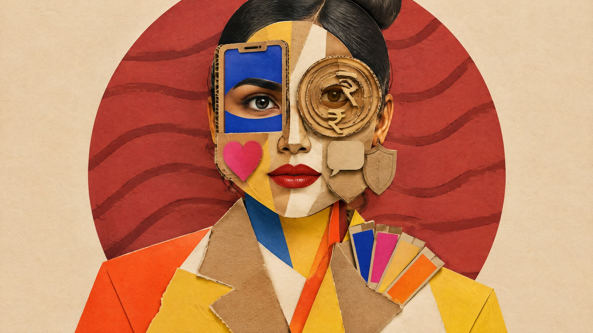 A young Indian fintech founder whose face is a cubist cardboard mask of a phone screen, a rupee coin, chat bubbles and colour chips, against a striped red circle.