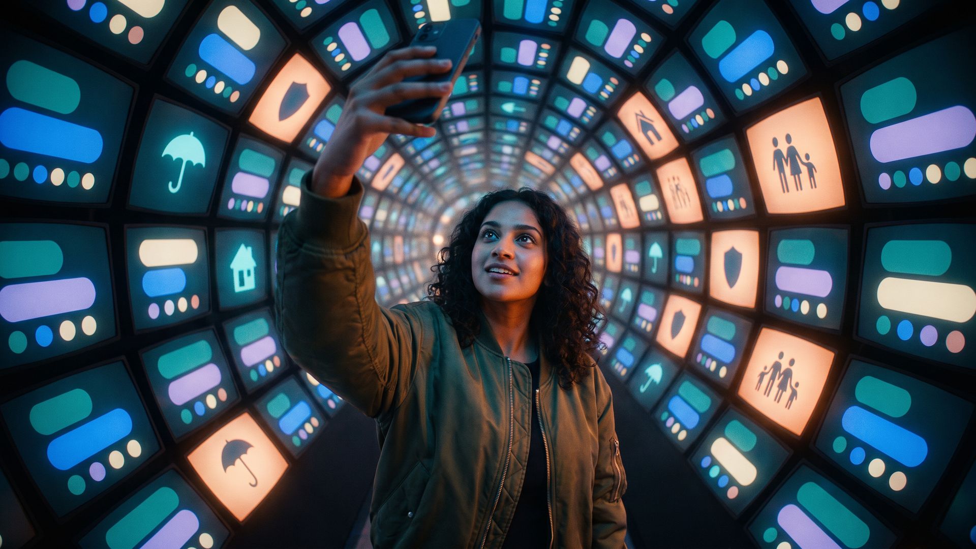 A young Indian woman takes a selfie inside a tunnel of glowing AI answer screens showing insurance icons: umbrellas, shields, homes and families.