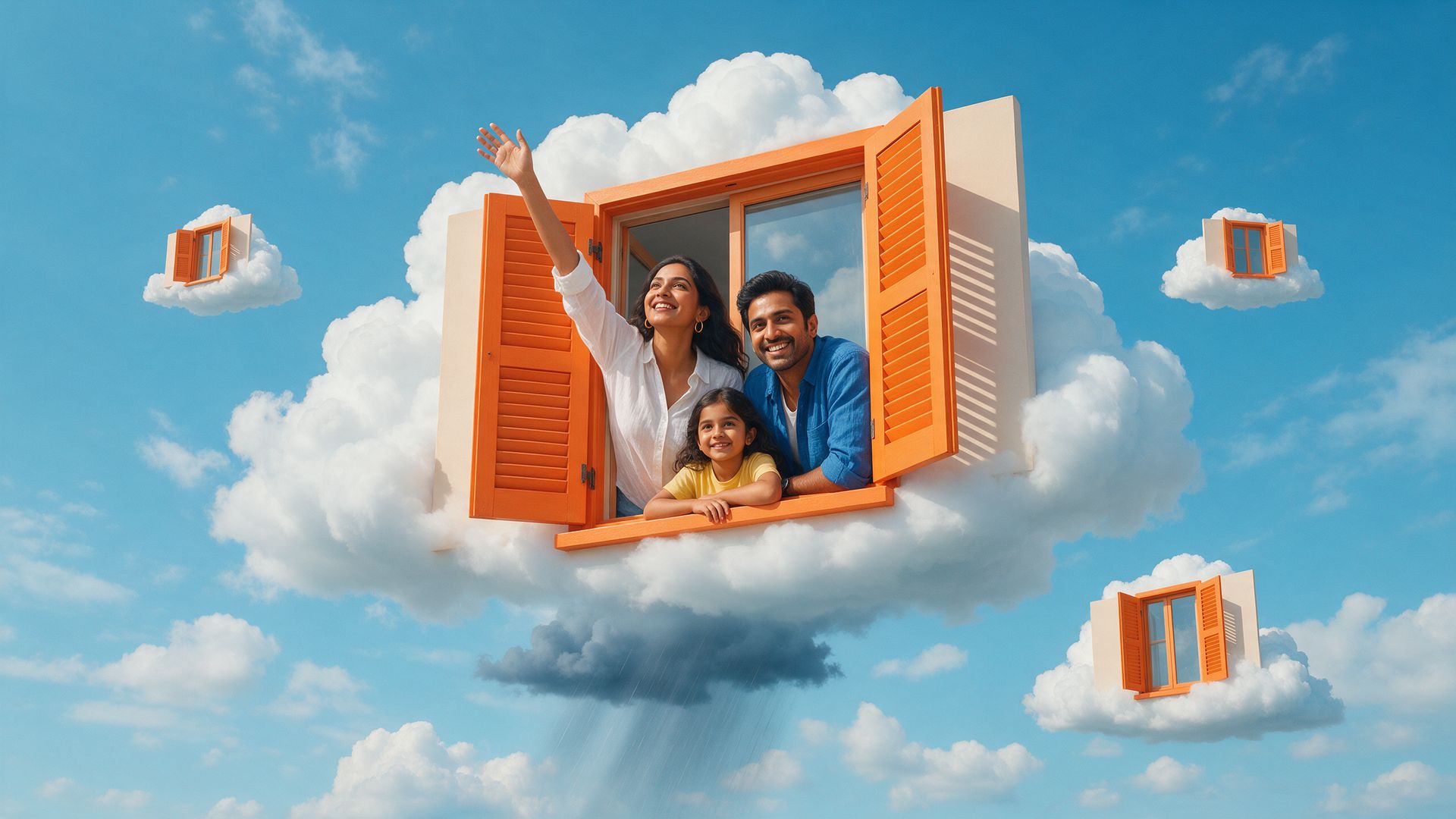 An Indian family leans out of an orange-shuttered window floating in clouds above a small rainstorm, with matching windows drifting in a cyan sky.