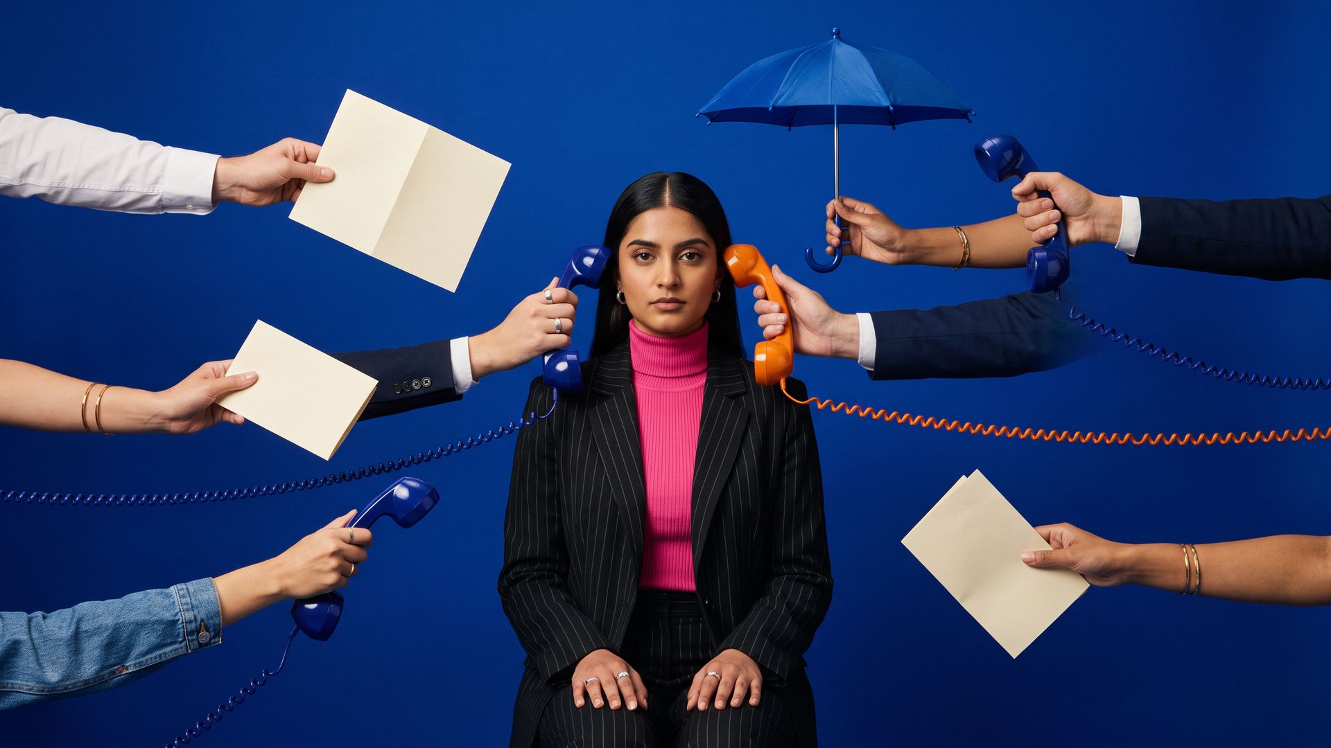A calm Indian woman in a pinstripe suit sits on a cobalt backdrop as many hands push telephone handsets, blank leaflets and an umbrella toward her, each selling cover.