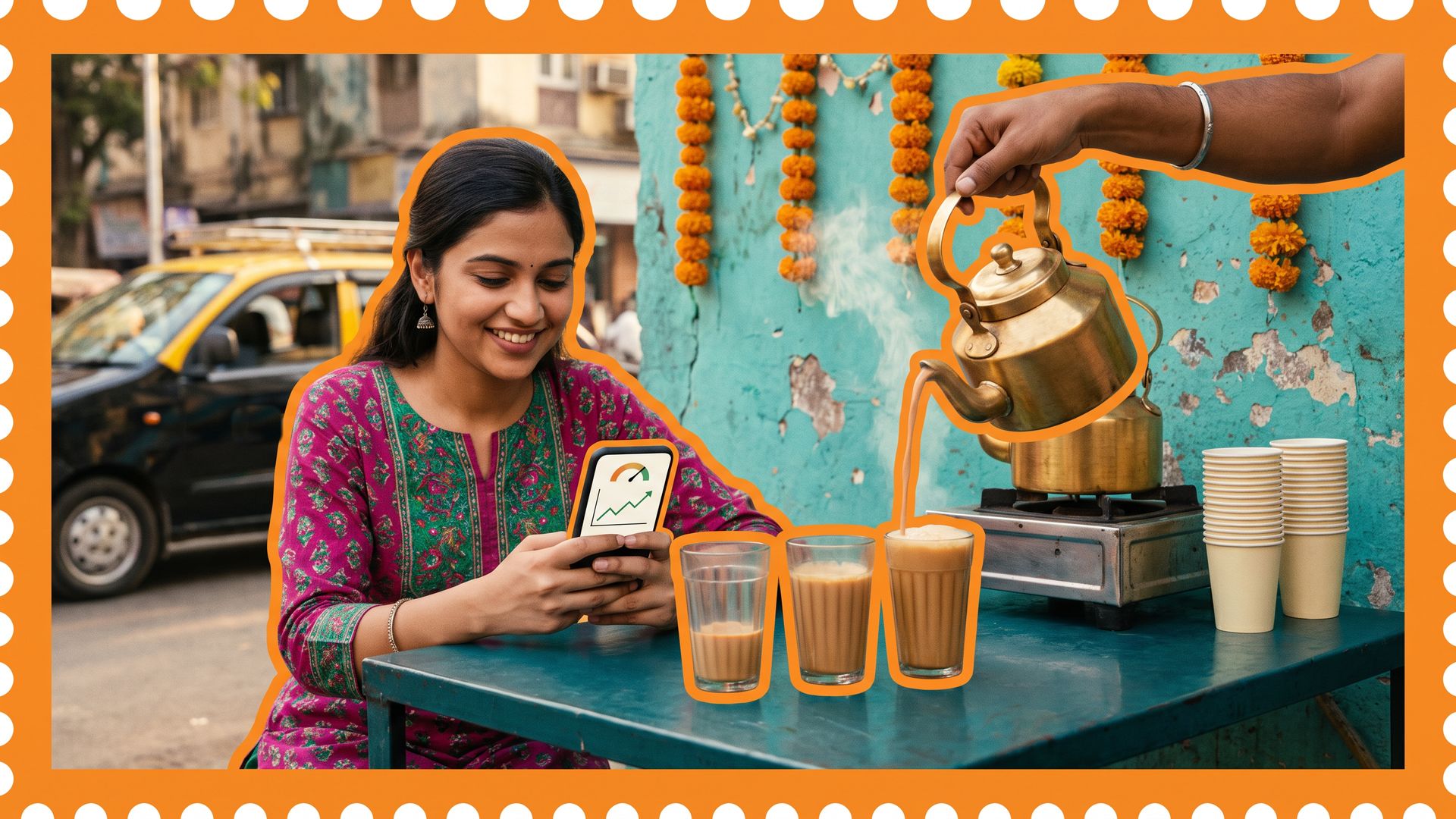 A young woman at a Mumbai chai stall watches a fund film on her phone as a hand pours tea into three glasses rising like a growth chart, inside an orange stamp frame.