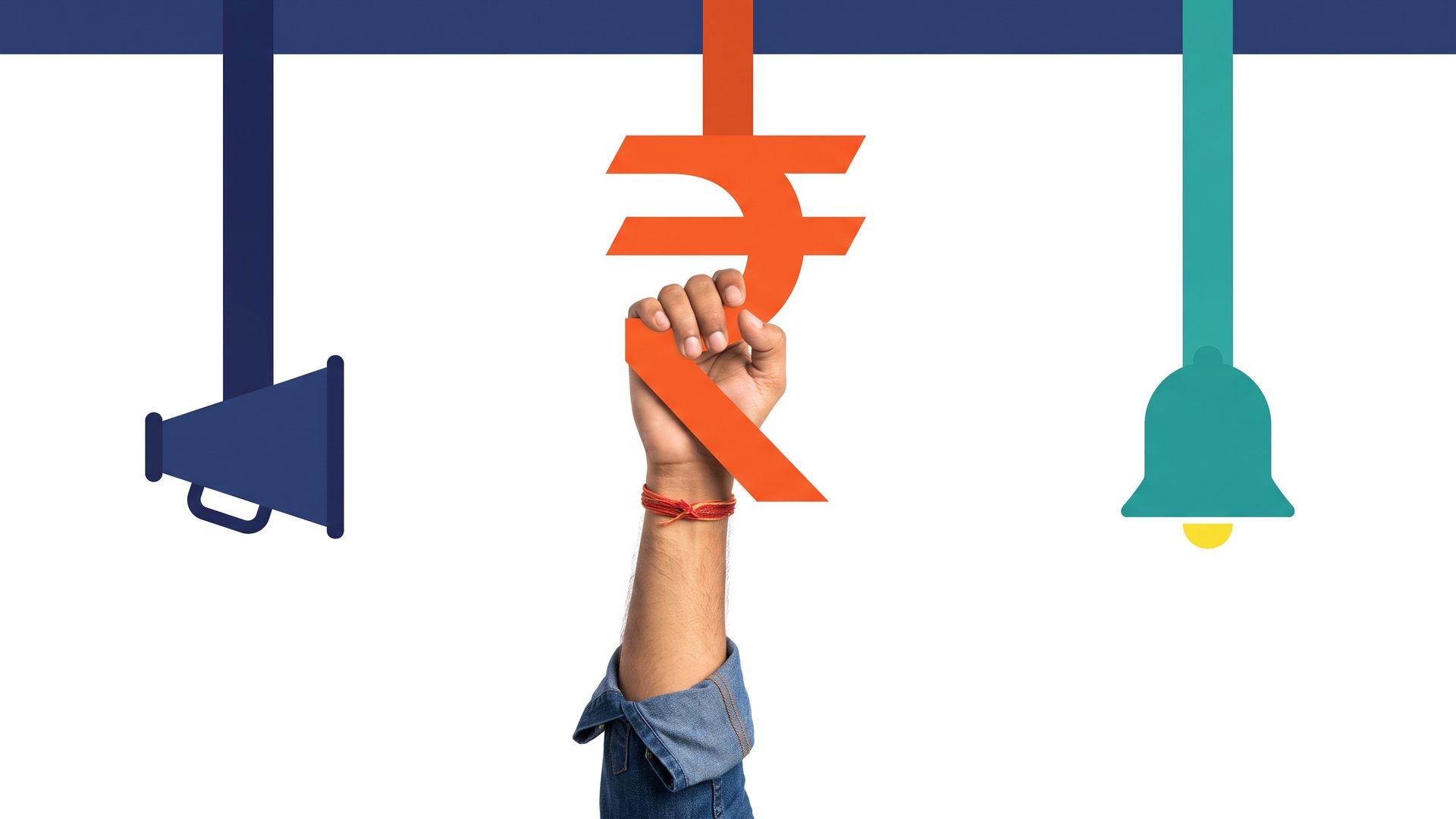 A hand with a sacred thread on the wrist grips a giant orange rupee symbol hanging like a train strap, between empty megaphone and bell-shaped straps.