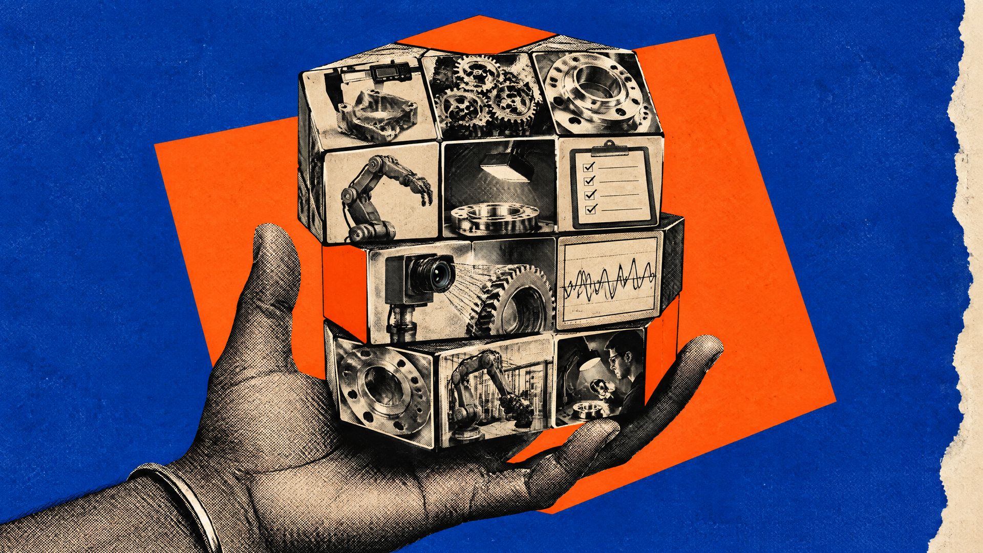 A halftone hand balances a puzzle cube whose tiles show calipers, gears, robot arms and checklists, on cobalt blue with an orange block.