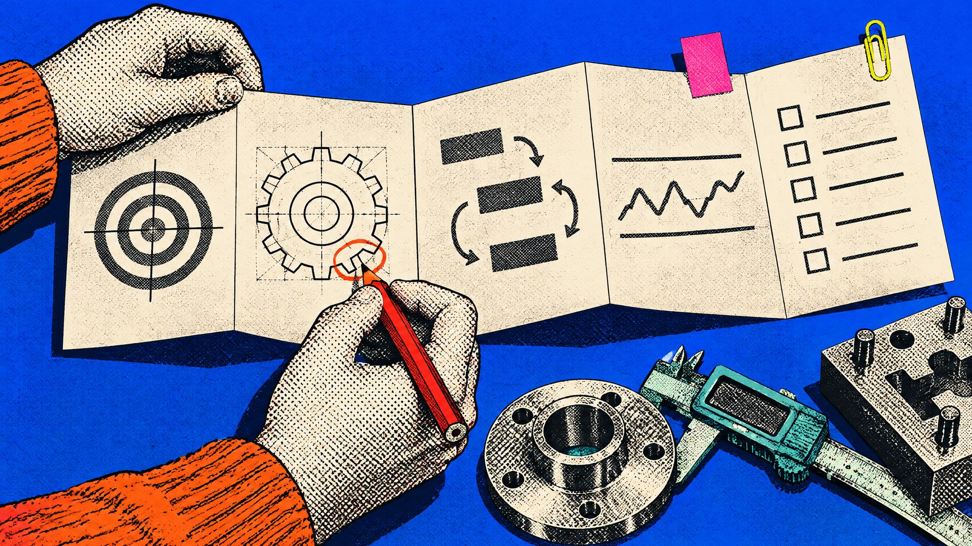 Halftone hands in orange knit sleeves unfold a five-panel planning sheet on cobalt and circle a flaw on a drawn gear, beside a caliper and a machined part.