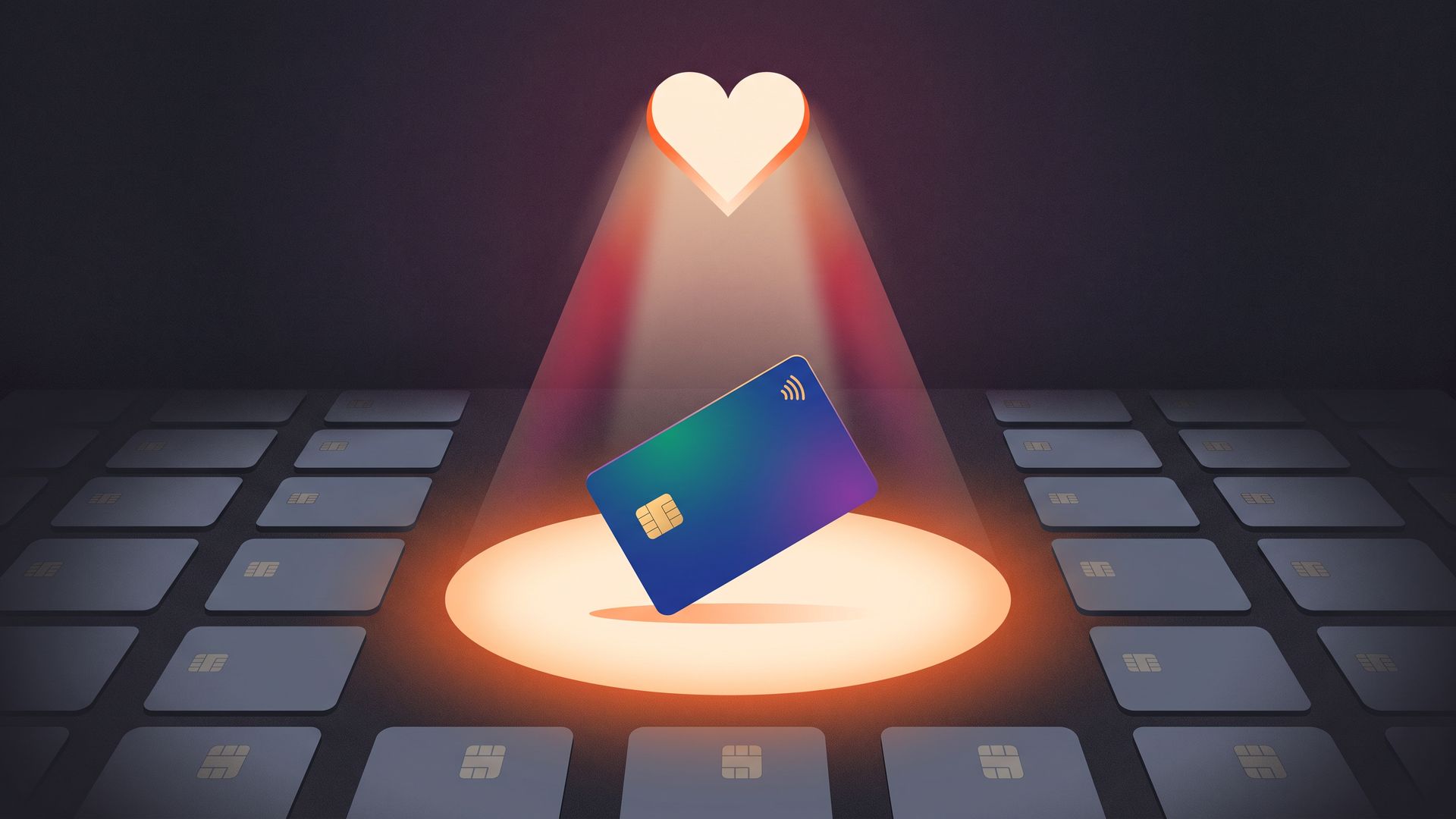 A glowing heart-shaped spotlight shines on one bold blue bank card while rows of identical grey cards sit in the dark around it.