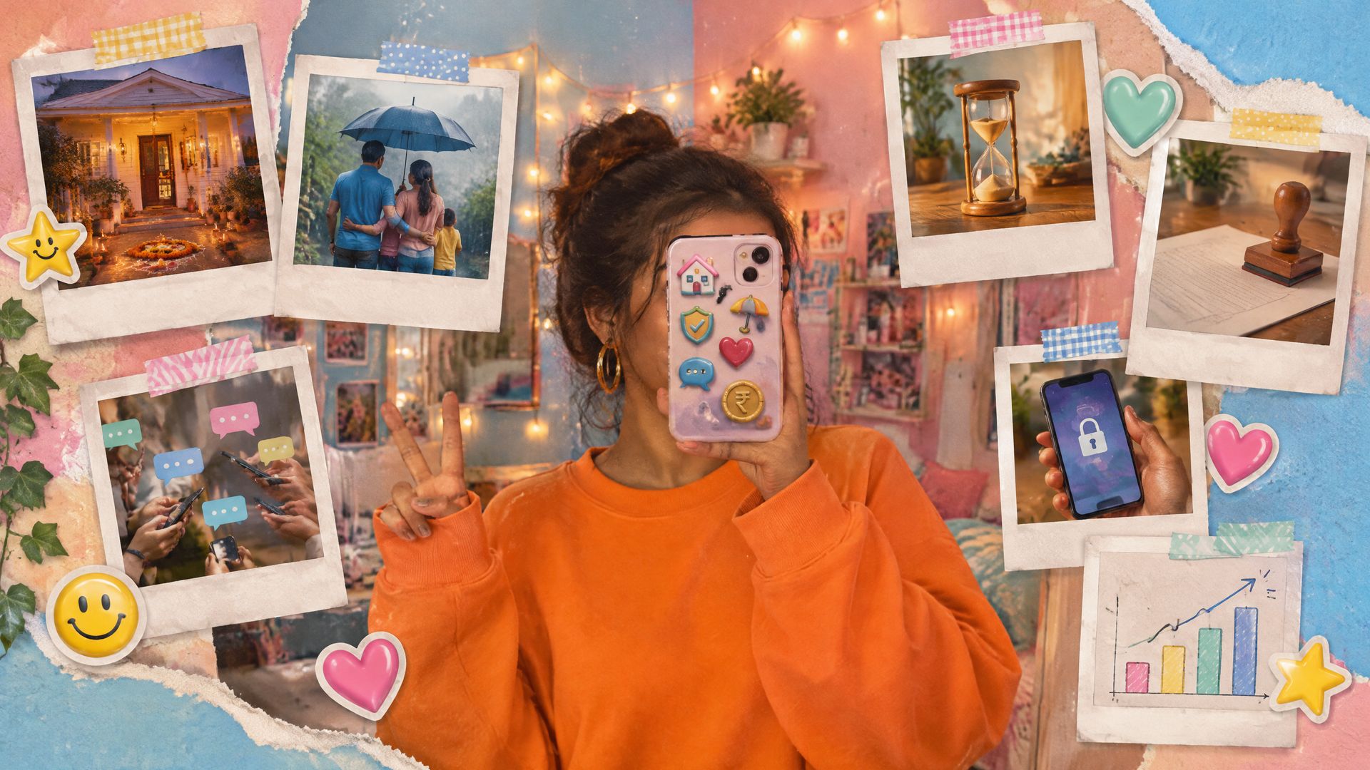 A young bank social media manager in an orange sweatshirt takes a mirror selfie behind a sticker phone, framed by scrapbook polaroids of her strategy.