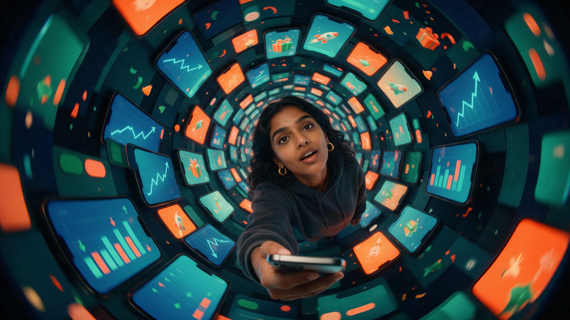 A young Indian trader looks up through a spiralling tunnel of glowing trading app screens, portfolio charts closest to her and promo tiles blurring far below.