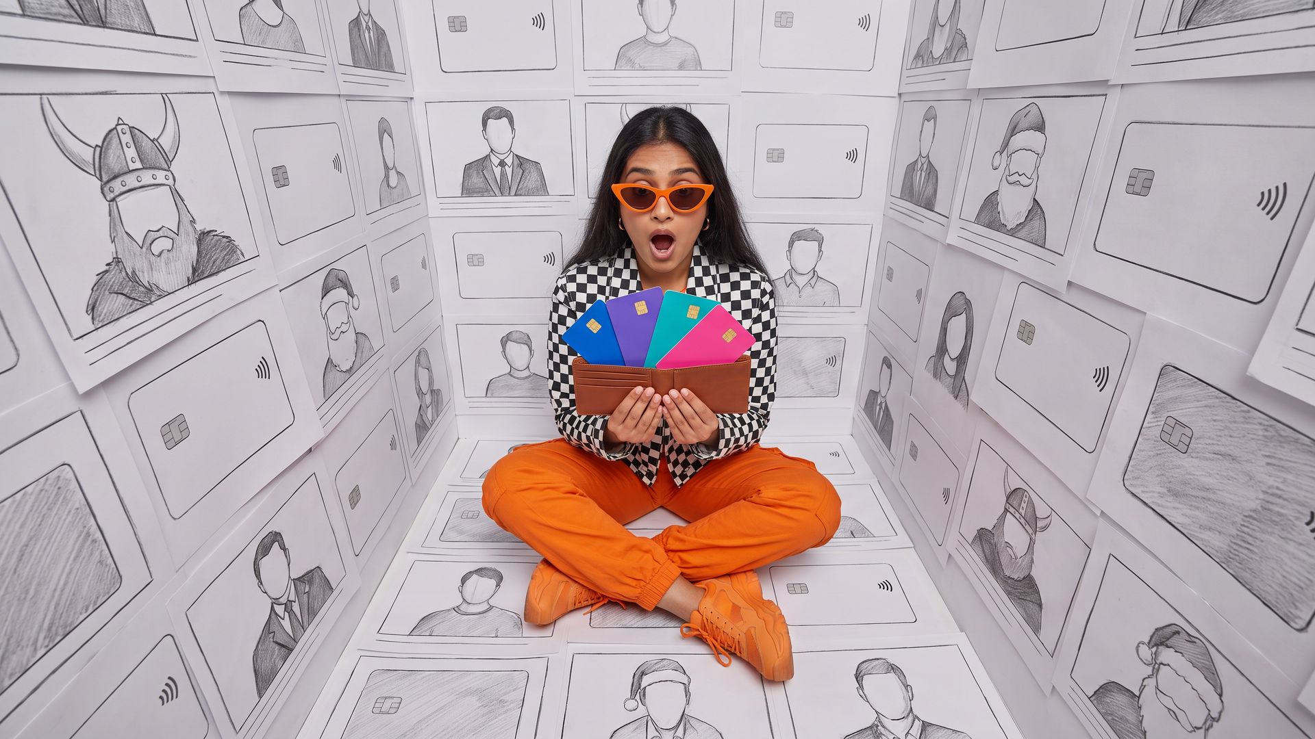 A shocked young Indian woman in orange trousers holds an open wallet of plain cards inside a small room papered with blank card mailers and storyboard sketches.