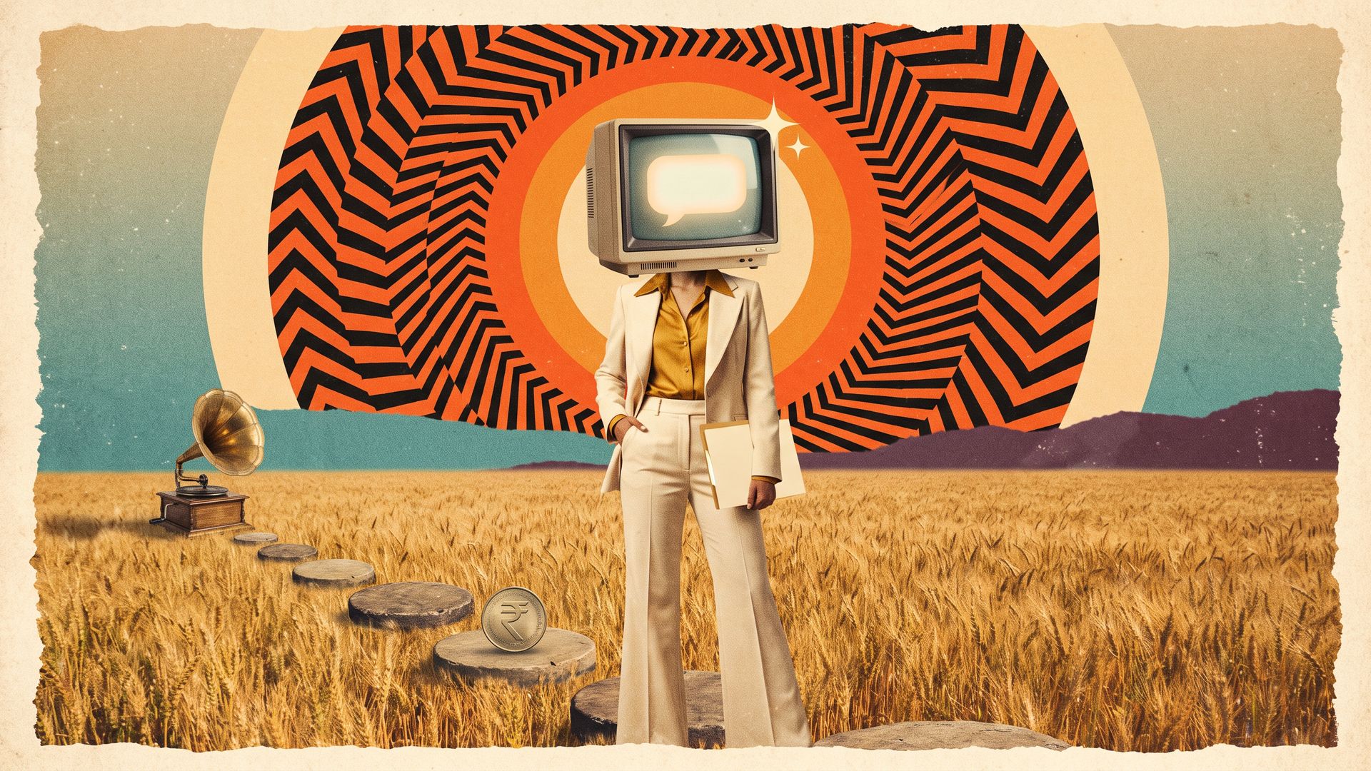 A retro collage of an Indian marketing head with a vintage monitor for a head showing a chat bubble, on a timeline path from a gramophone under an op-art sun.