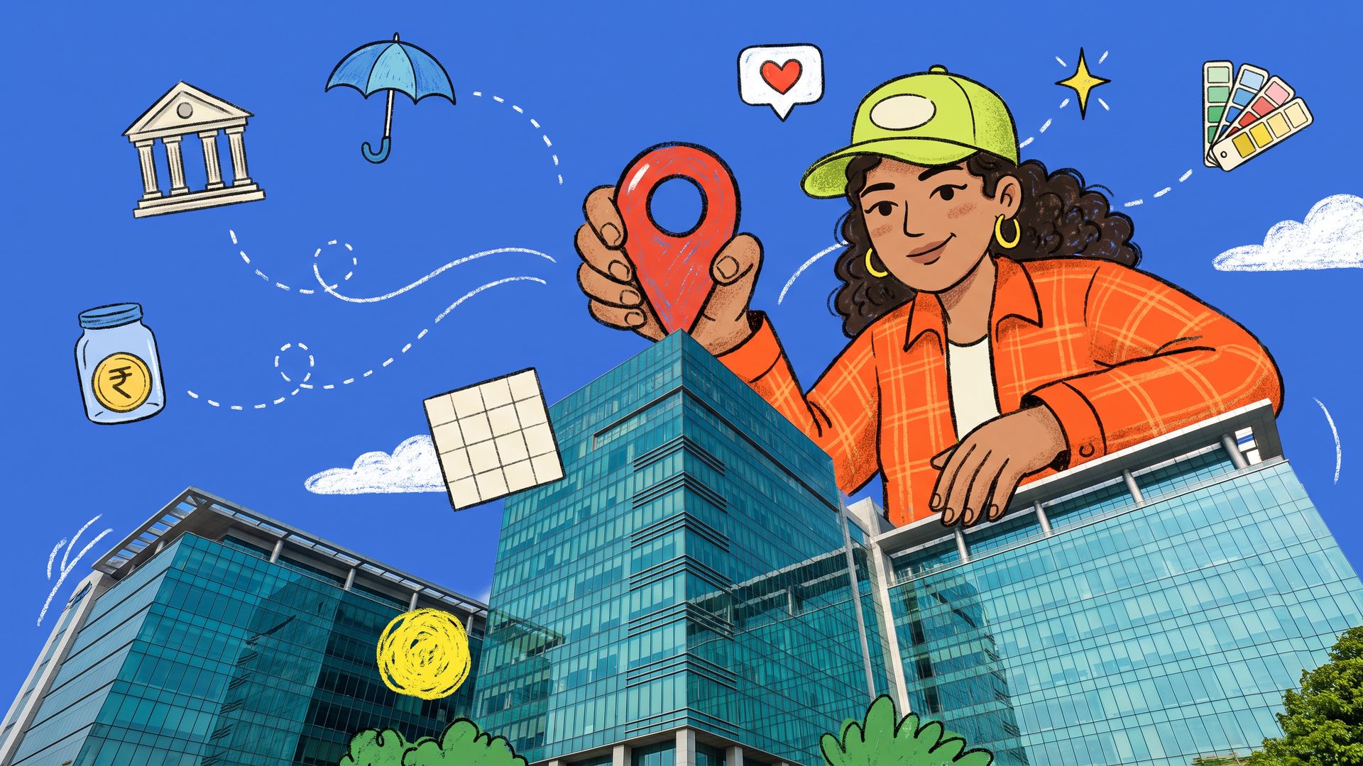 A giant hand-drawn Indian designer leans on a real glass tower in Gurugram and pins it, as doodled bank, insurance and fund icons float in along dotted lines.