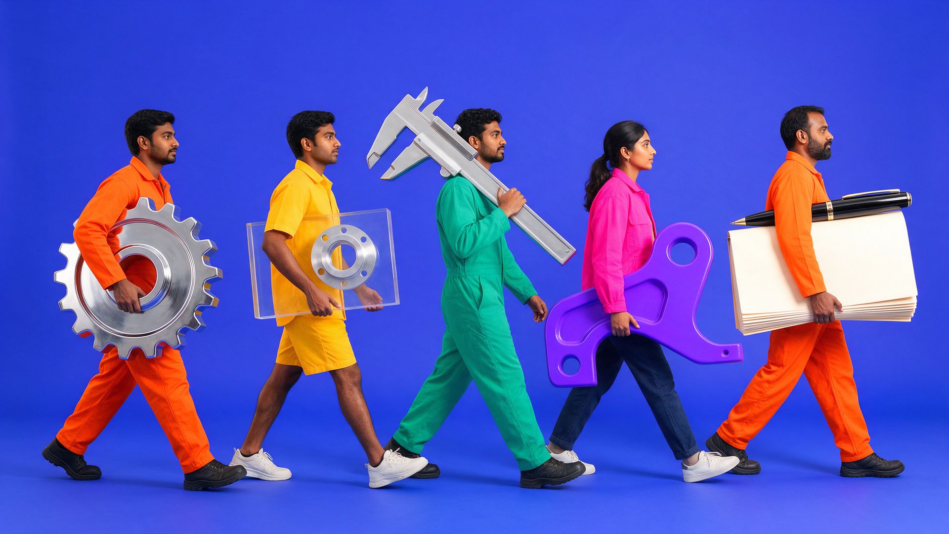 Five young Indian engineers in colour-blocked workwear walk across a cobalt studio carrying a giant gear, flange, caliper, bracket and a binder with a fountain pen.