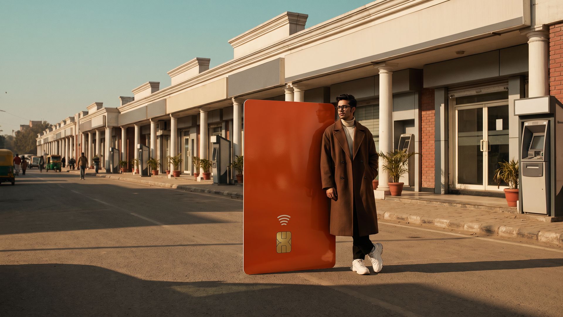 A young Indian man in a brown coat leans on a giant orange bank card standing in a street lined with identical bank branches.