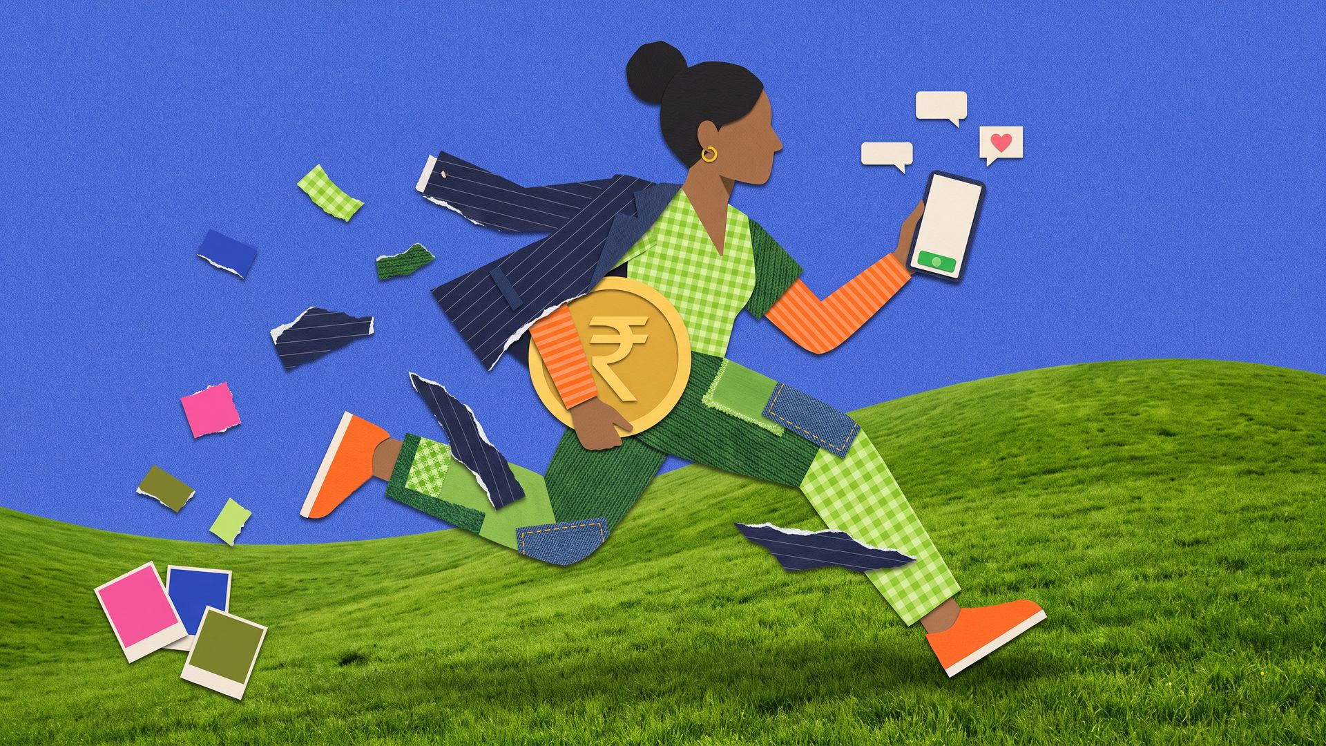 Cut-paper collage of a young Indian woman sprinting up a green hill, shedding navy pinstripe scraps to reveal bright green patchwork, carrying a gold rupee coin.