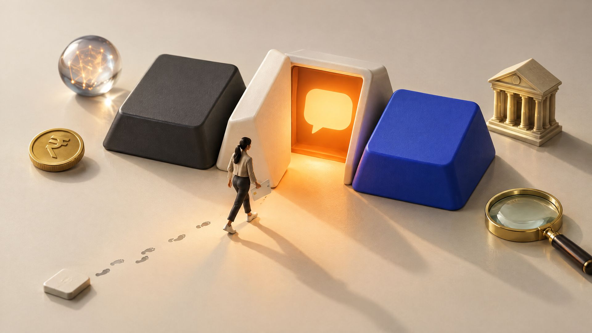 Miniature marketer holding a bank card walks toward a glowing orange doorway that opens inside a giant blank keyboard key, footprints trailing behind her.