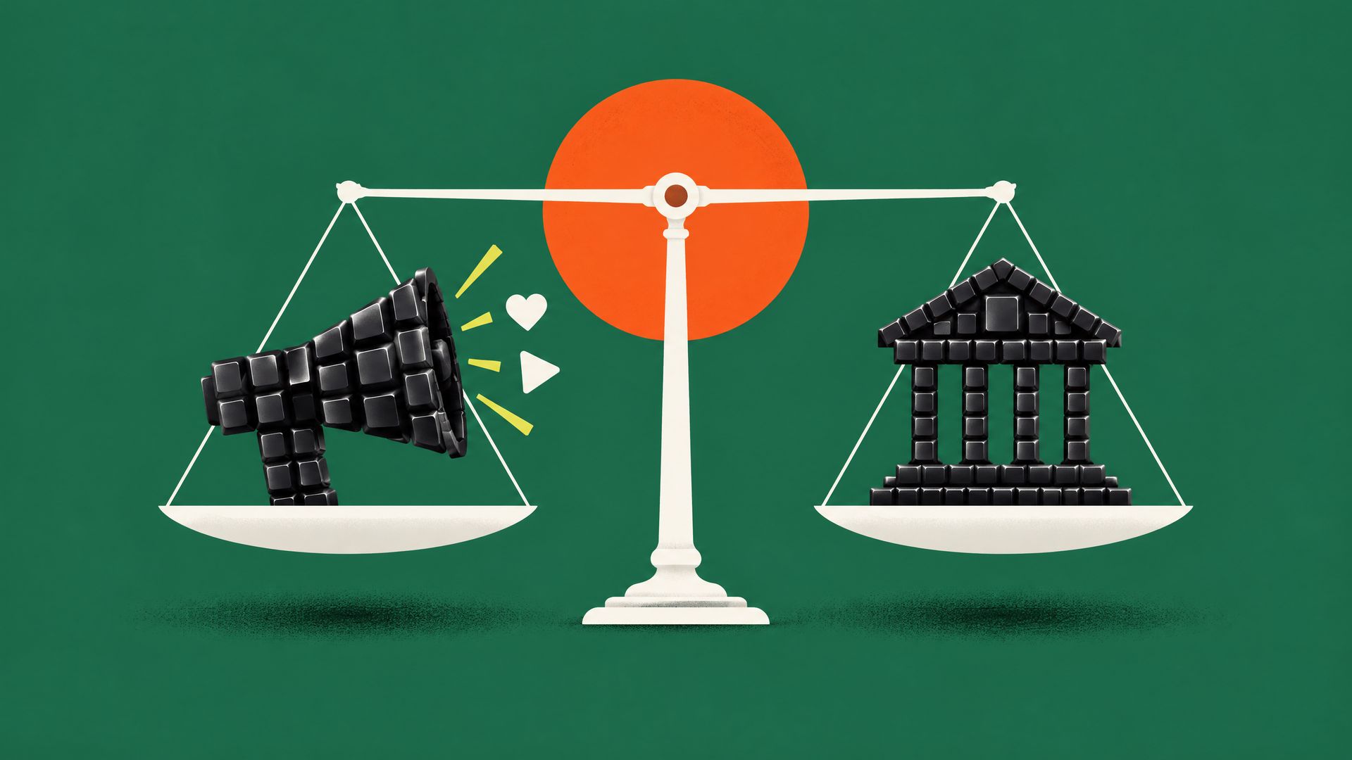 Flat green poster: a white balance scale weighing a megaphone made of black keyboard keys against a bank building made of black keys, on an orange disc.