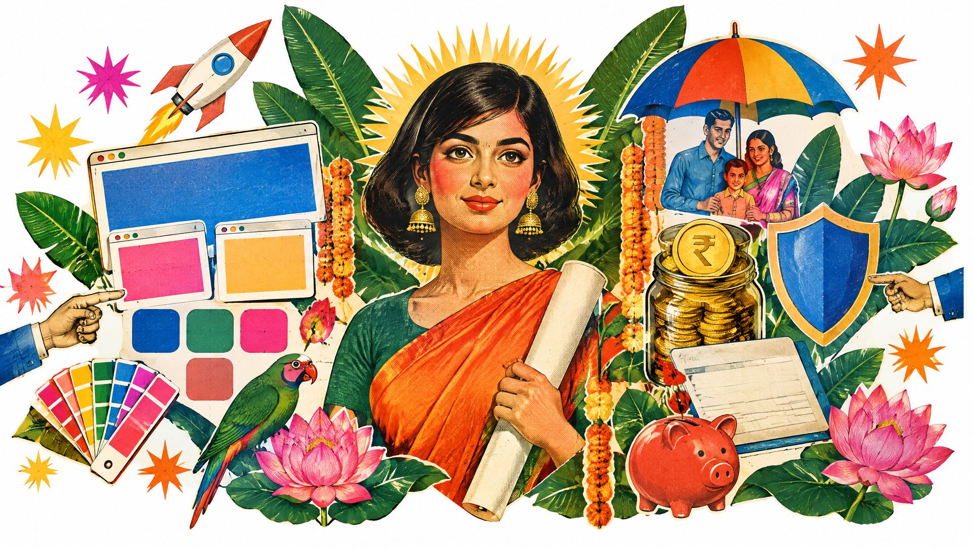 Desi kitsch paper collage: a retro calendar-art portrait of an Indian marketing lead framed by cut-out swatches, app tiles, umbrellas, coin jars and lotuses.