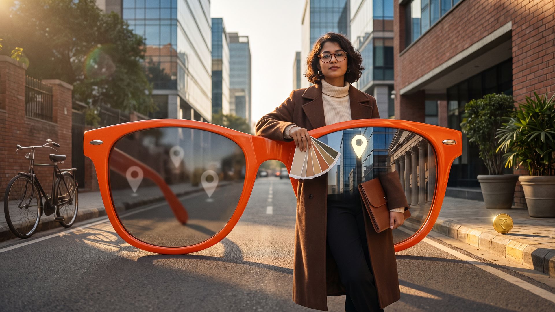 A young Indian designer leans on giant orange sunglasses in a Gurugram lane; one lens blurs three map pins, the other shows one sharp pin over a bank facade.