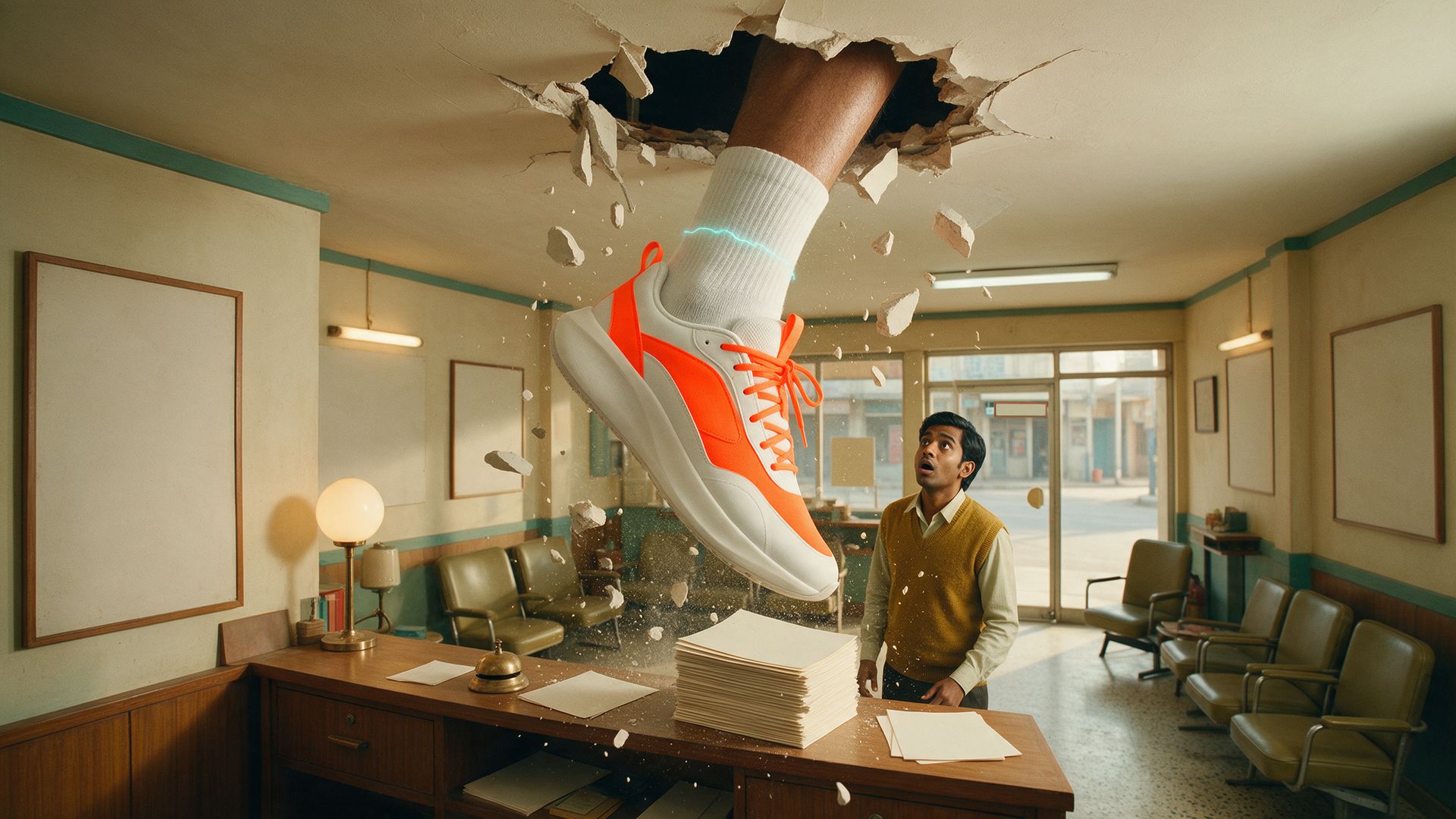 A giant orange-and-white sneaker smashes through the ceiling of an empty retro loan showroom as a stunned young loan officer looks up.
