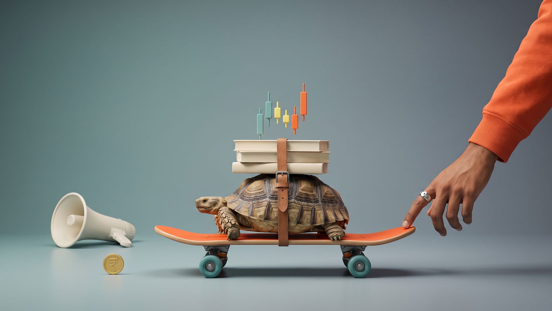 A tortoise carrying books and a small candlestick chart rides an orange skateboard, about to be flicked forward by a hand, beside a fallen megaphone.
