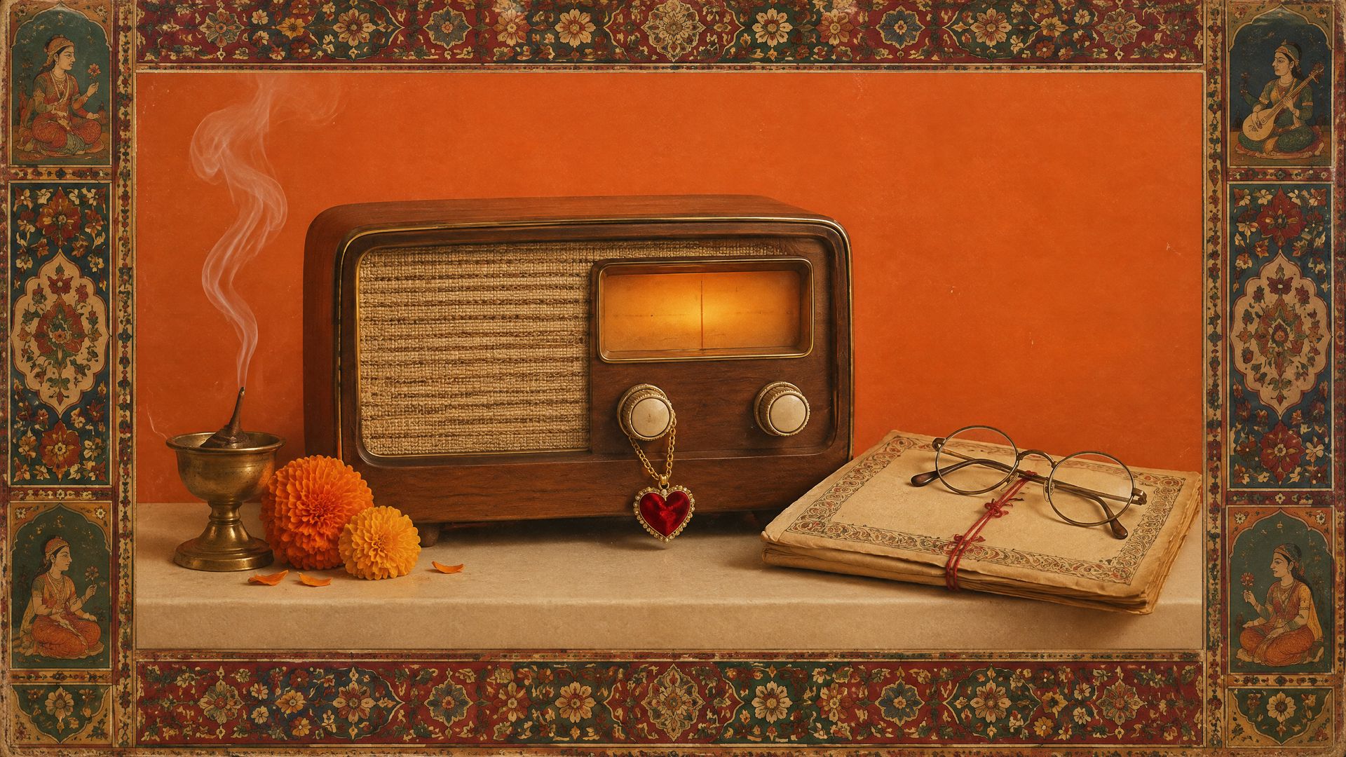 Retro still life of a vintage valve radio with a jewelled heart on its knob beside a folded policy bond, reading glasses, incense and marigolds.