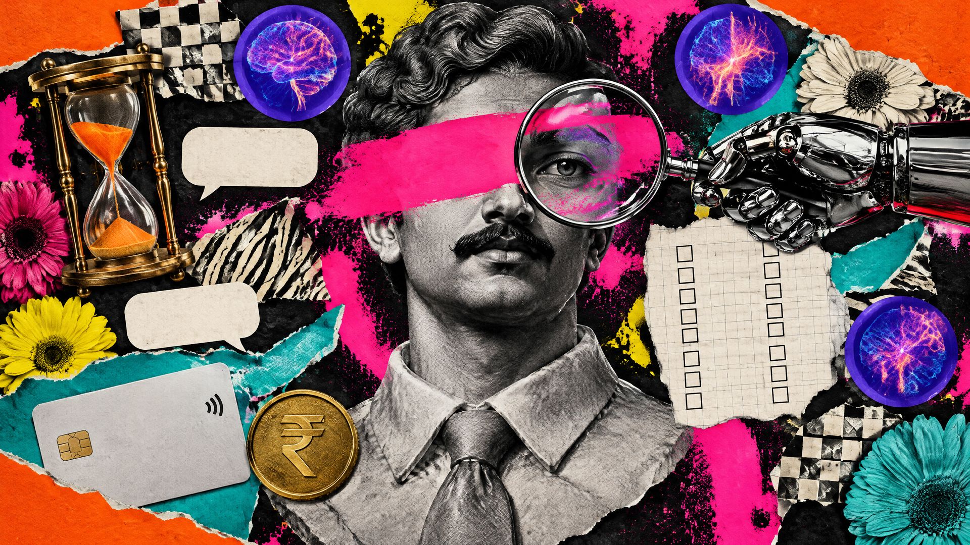 Zine collage of a marble banker bust with pink paint over its eyes, a chrome robot hand holding a magnifier, a sand timer and blank chat bubbles.