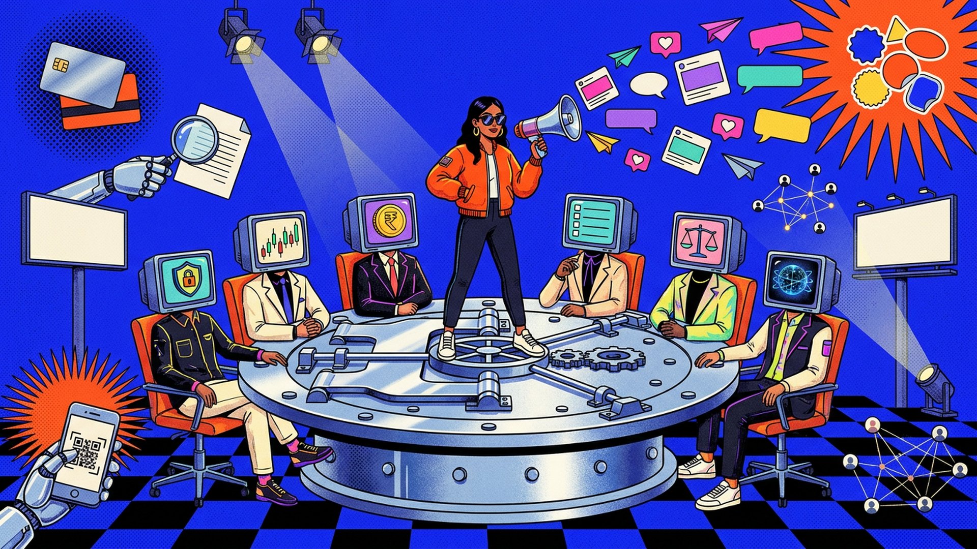 Illustration of a young woman in an orange bomber jacket standing on a bank-vault boardroom table and pitching through a megaphone to six committee members whose retro TV heads show a security shield, a price chart, a rupee coin, a checklist, scales and a glowing orb, on a cobalt background
