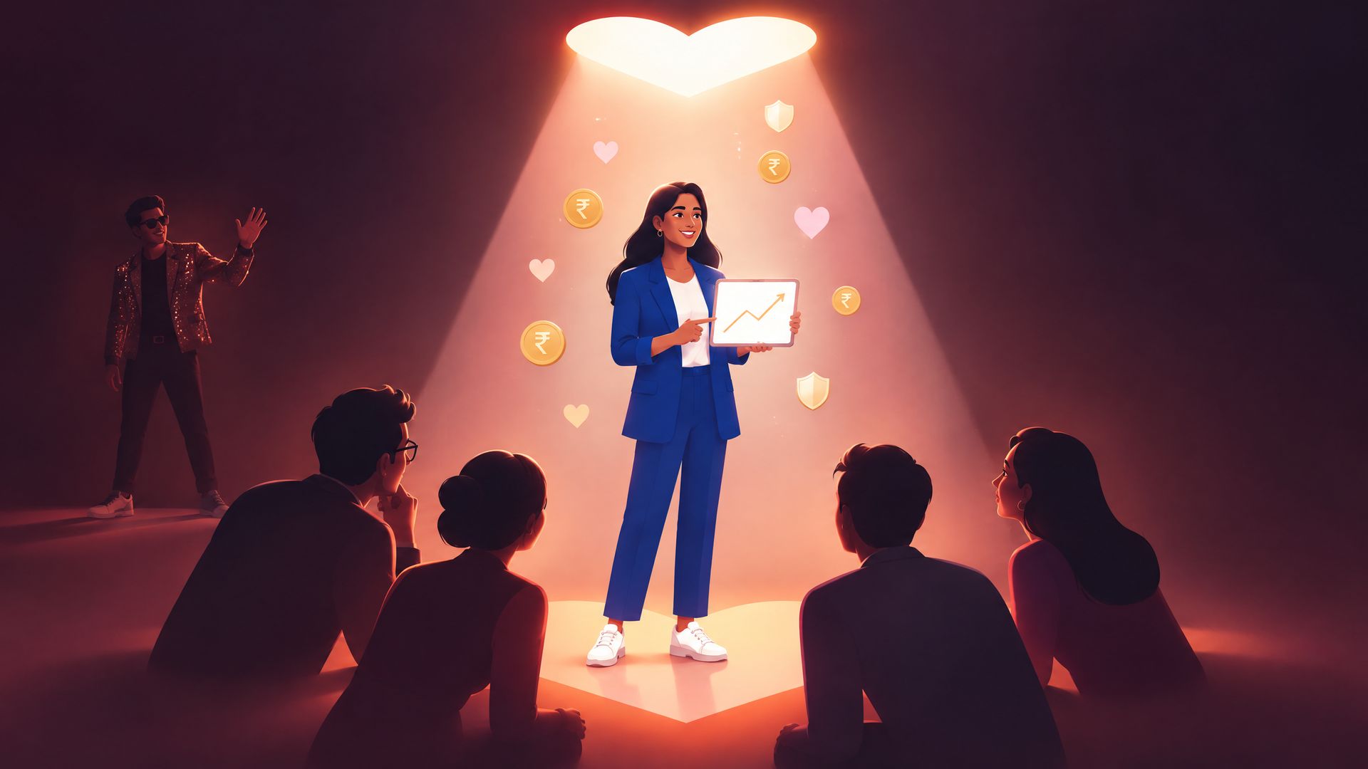 A heart-shaped spotlight shines on a young Indian finance expert with a chart tablet while a sequinned celebrity waves unnoticed in the shadows.