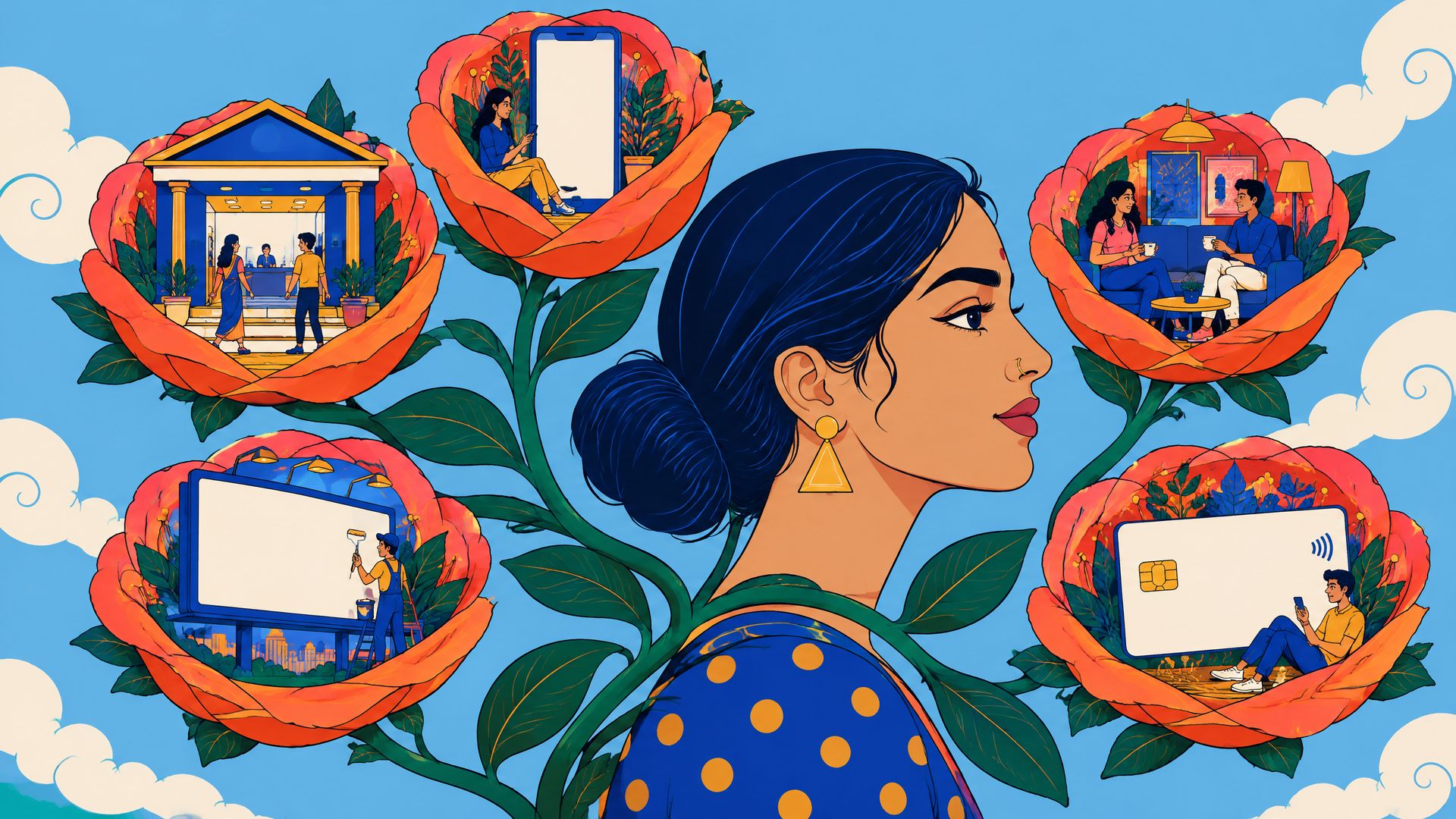 Illustration of a giant young Indian woman in profile beside oversized coral roses, each holding a tiny bank branch, phone app, lounge or billboard world.