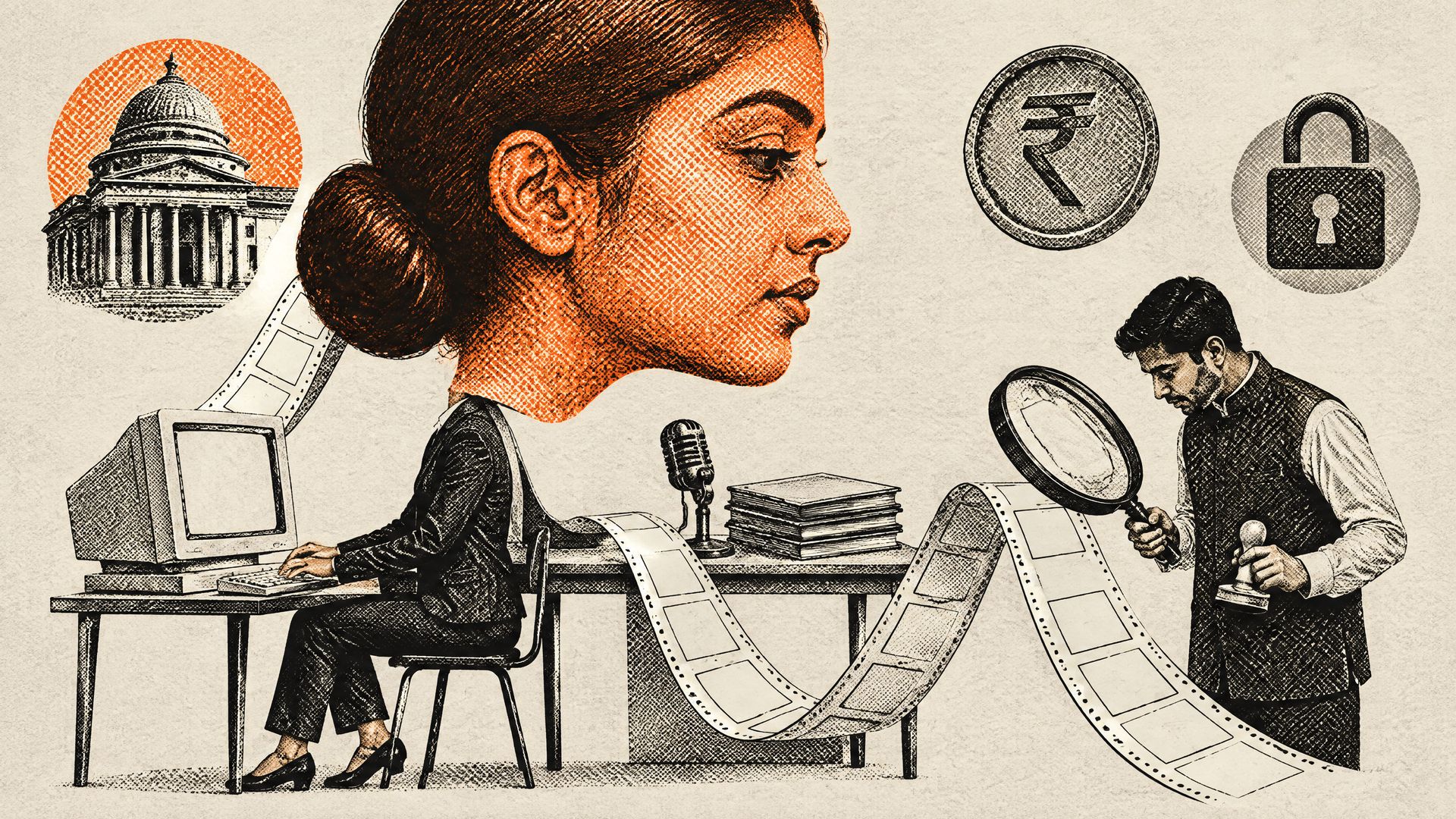 Halftone collage of a tiny CEO with a giant head at a retro computer, her paper feed of blank posts checked by a compliance officer with a magnifying glass.