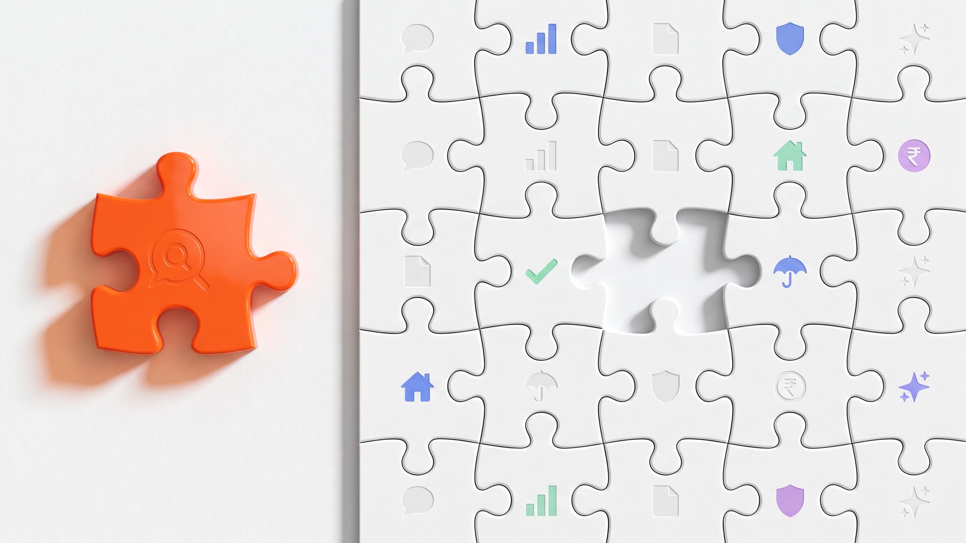 A white jigsaw of embossed finance and content icons with one empty gap, and a glossy orange search-bubble puzzle piece lying beside it ready to fill it.