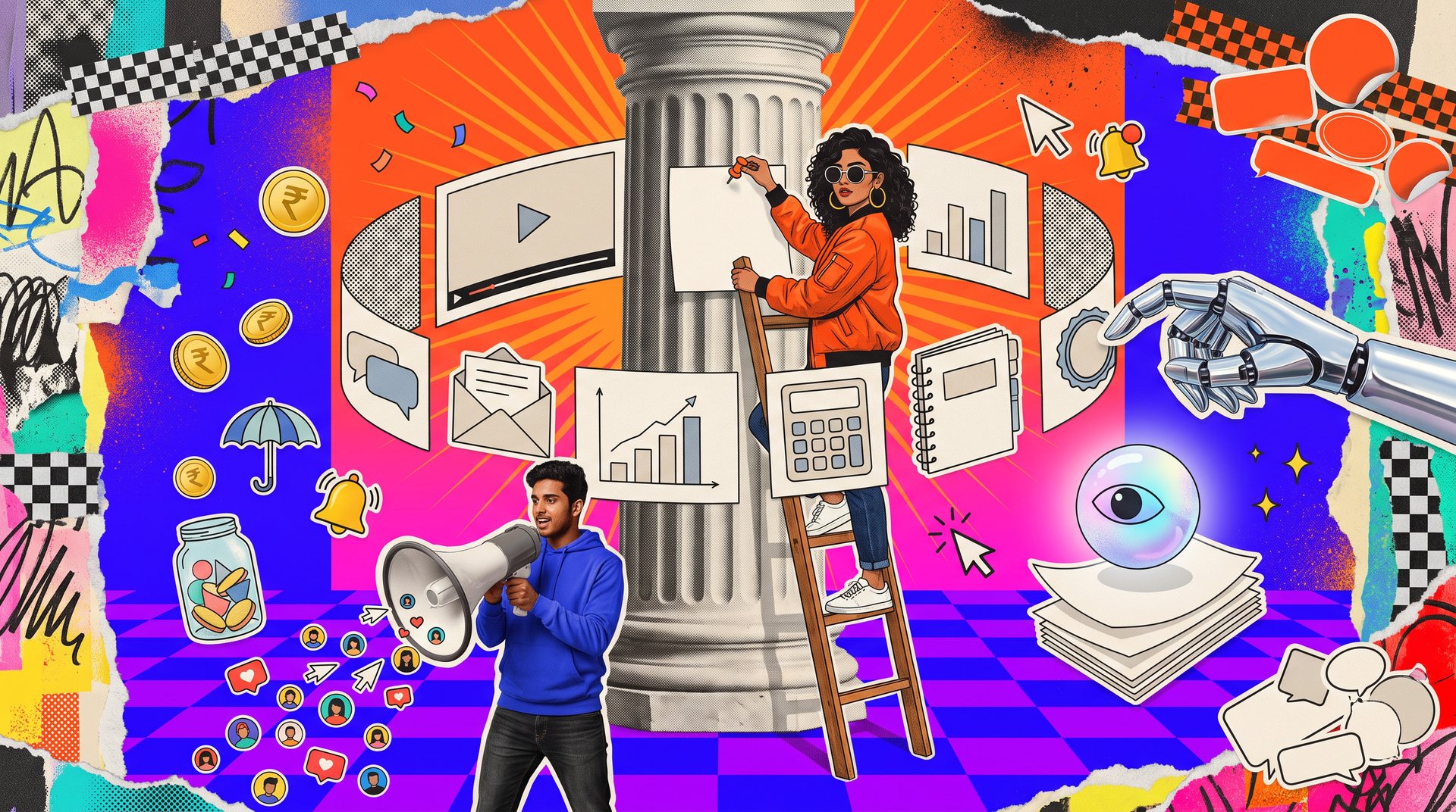 Collage illustration of a content team building a programme around a classical bank column: a young woman on a ladder pins content tiles for video, newsletters, charts, a calculator and research, a young man with a megaphone sends out followers and likes, and a chrome robot hand stamps an approval seal.