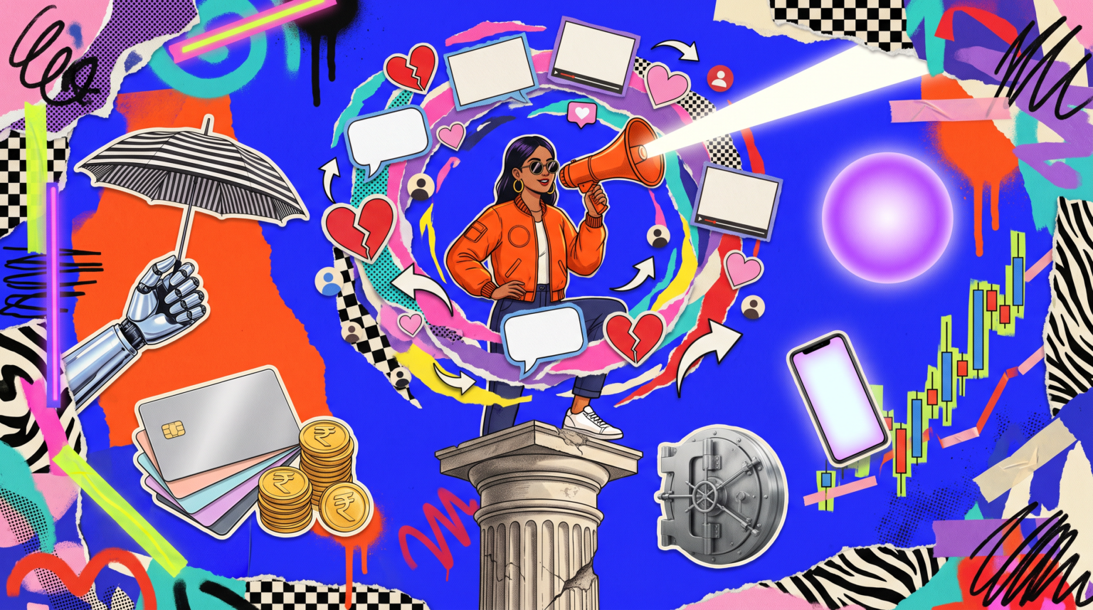 Illustrated young Indian woman in an orange bomber jacket and sunglasses speaks into an orange megaphone from the top of a stone bank column, a clear beam of light cutting through a swirl of blank speech bubbles, hearts and alerts, with chip cards, rupee coins, a vault door and a rising chart on a cobalt collage