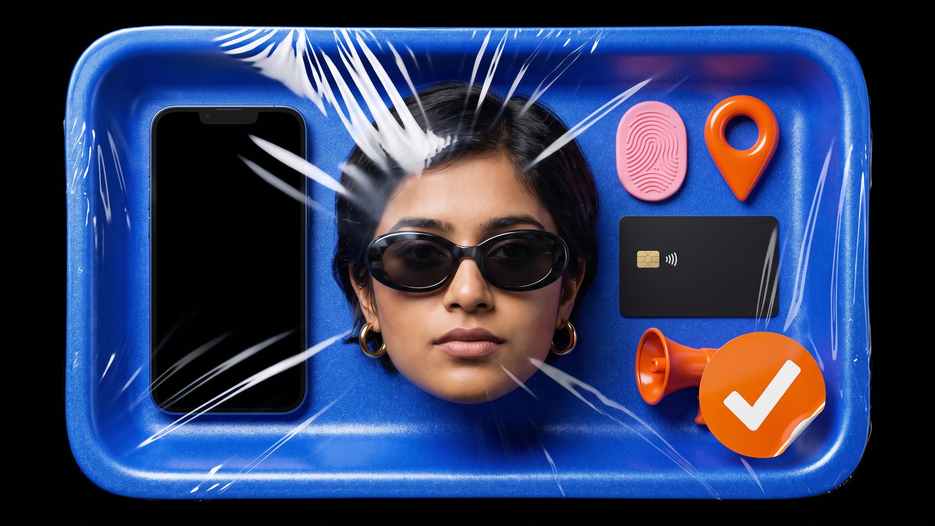 A young woman's face, phone, fingerprint, location pin and bank card shrink-wrapped in a blue foam tray like supermarket meat, with a consent tick sticker.