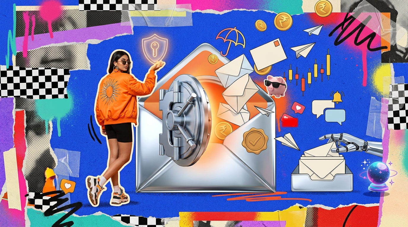 Collage illustration: a young woman in an orange jacket holds a glowing shield key beside a giant chrome envelope with a vault door, as letters, rupee coins, a sealed tick and inbox icons spill out on a cobalt background.