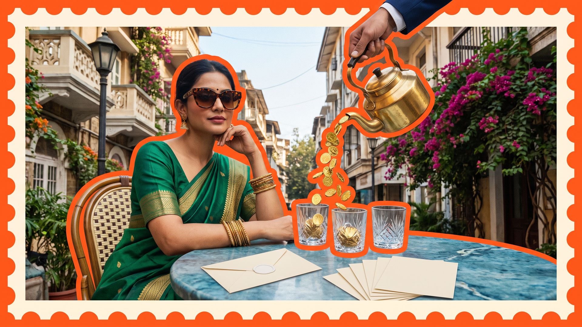 A young Indian client in a silk saree framed as a postage stamp while an adviser's hand pours gold coins into three glasses on a cafe table.