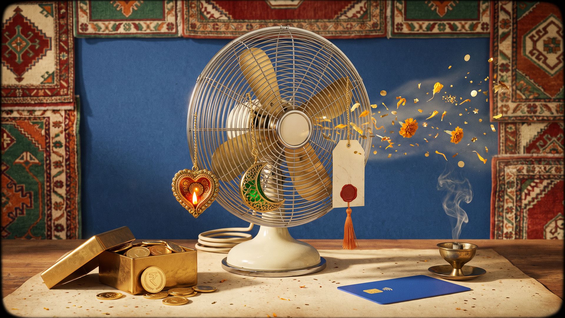Retro still life of a vintage table fan hung with a jewelled diya and crescent lantern, a gift box of gold coins, a chip card and confetti on a cobalt panel.
