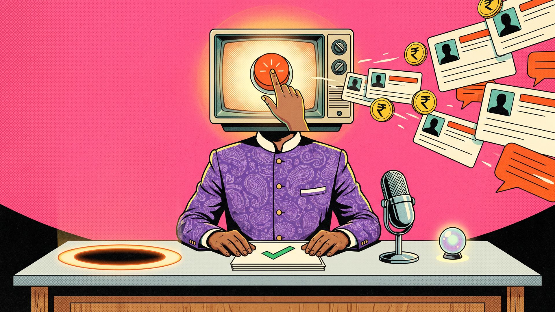Retro collage of a webinar host with a vintage TV for a head, as lead cards and rupee coins stream from the screen onto a desk of approved papers.